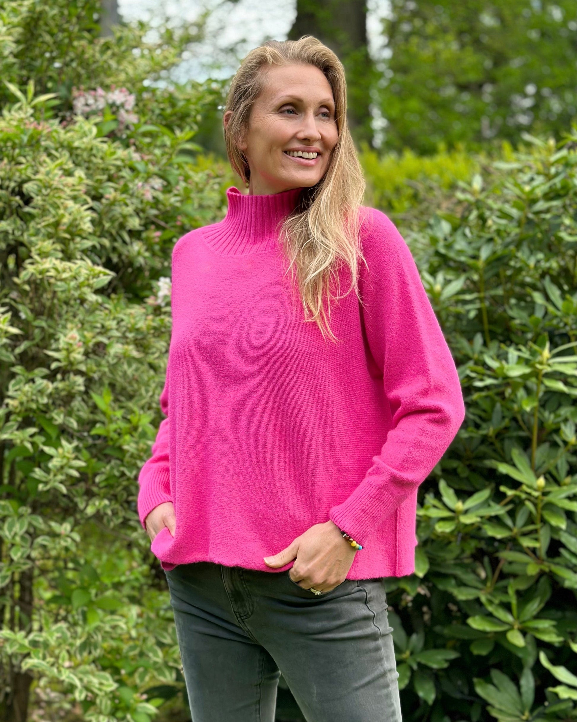 Clothing Funnel Neck Soft Knit Long Sleeve Jumper - Fuchsia