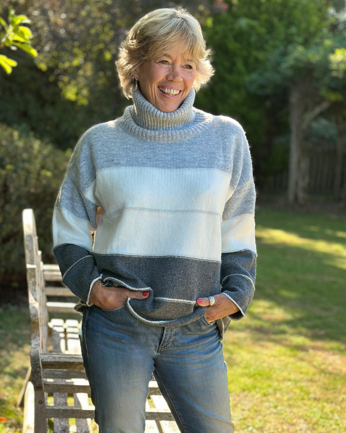 Colour Block Roll Neck Jumper - Grey