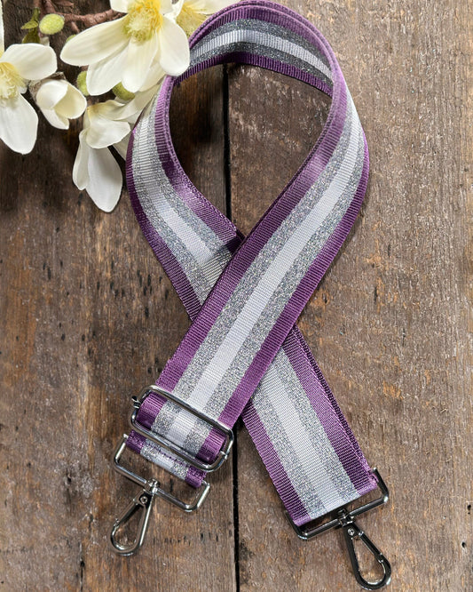 accessory Bag Strap - Silver, Purple And Silver Grey Stripe