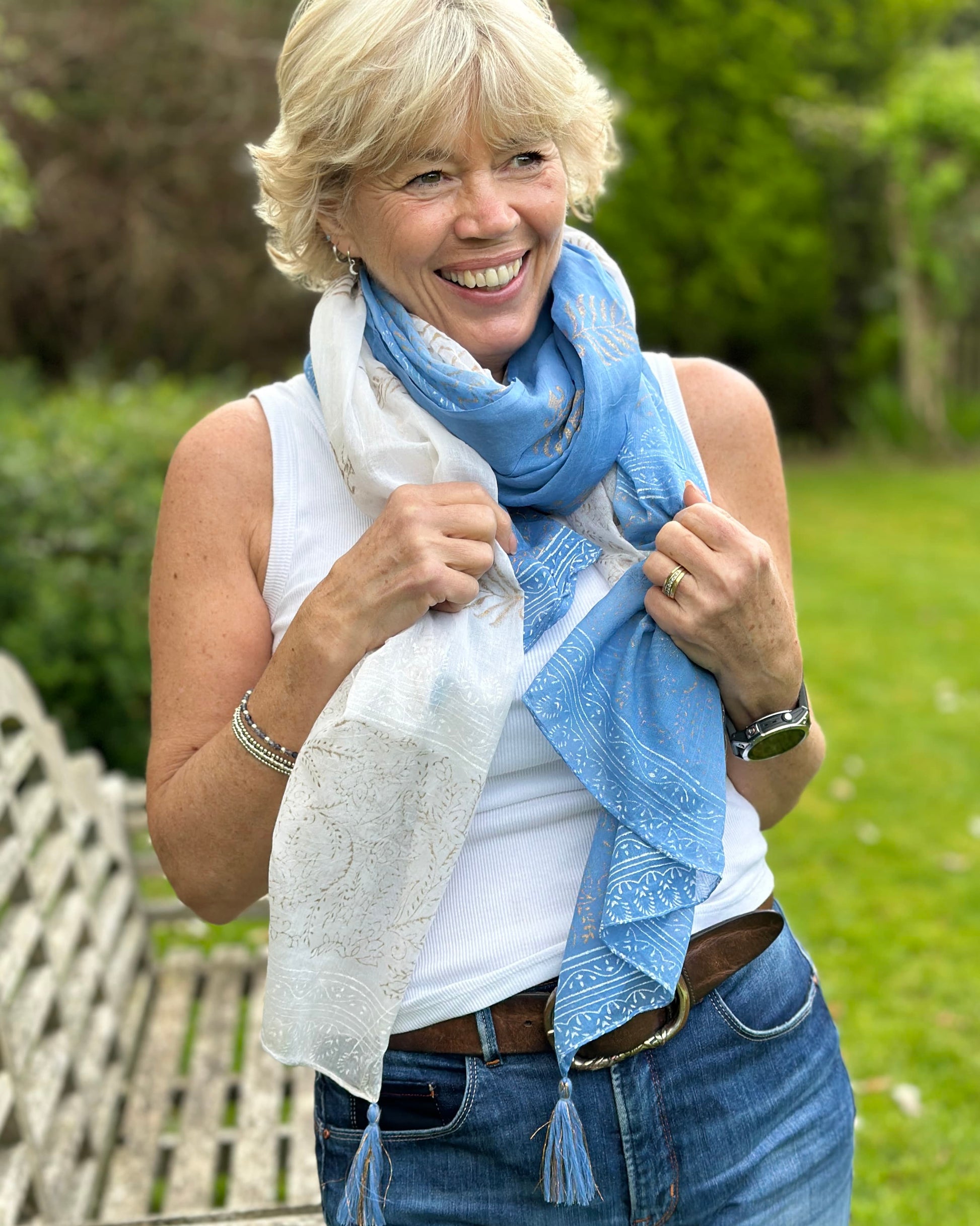 accessory Cotton Block Print Scarf - Blue/White