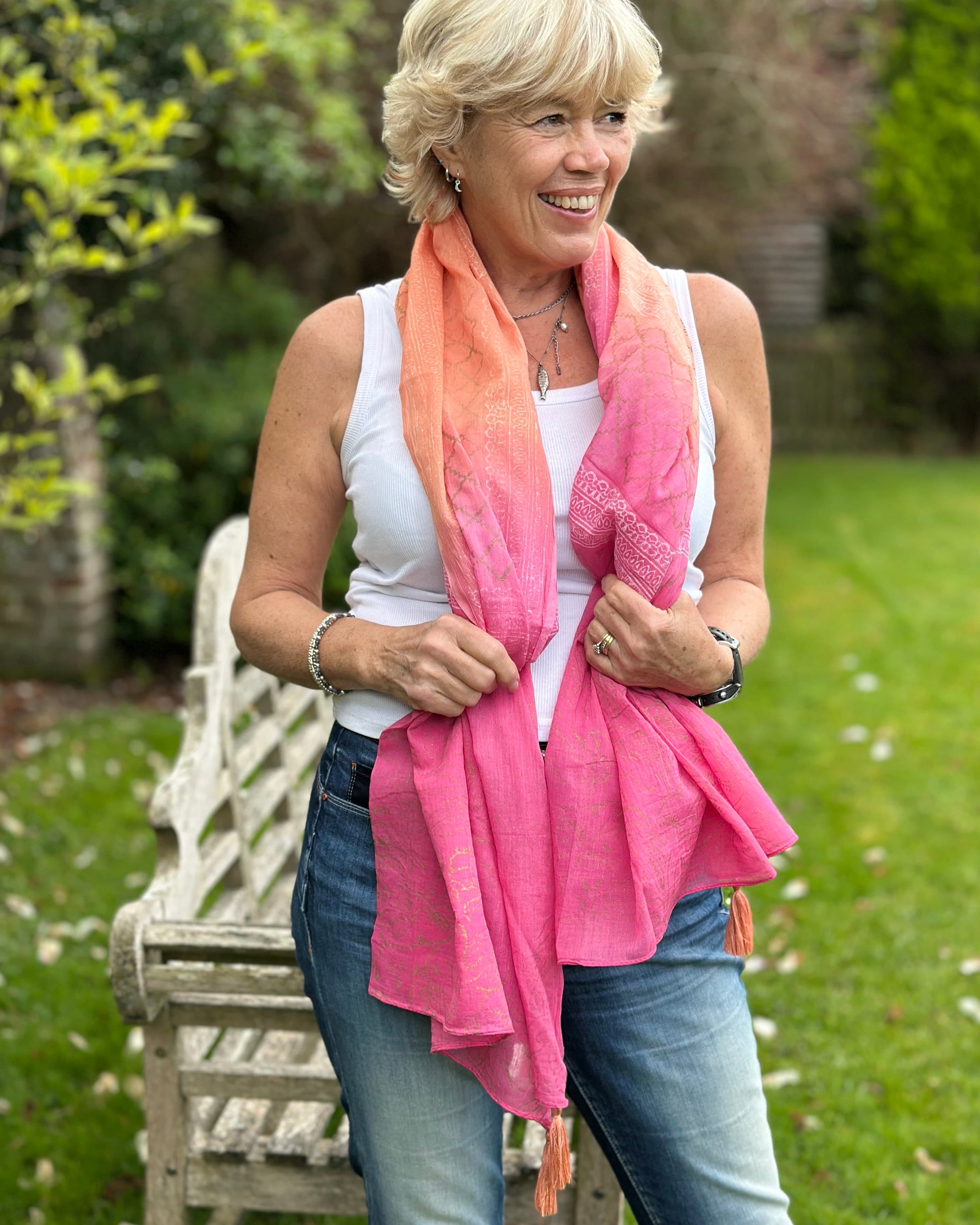 accessory Cotton Block Print Scarf - Fuchsia/Orange