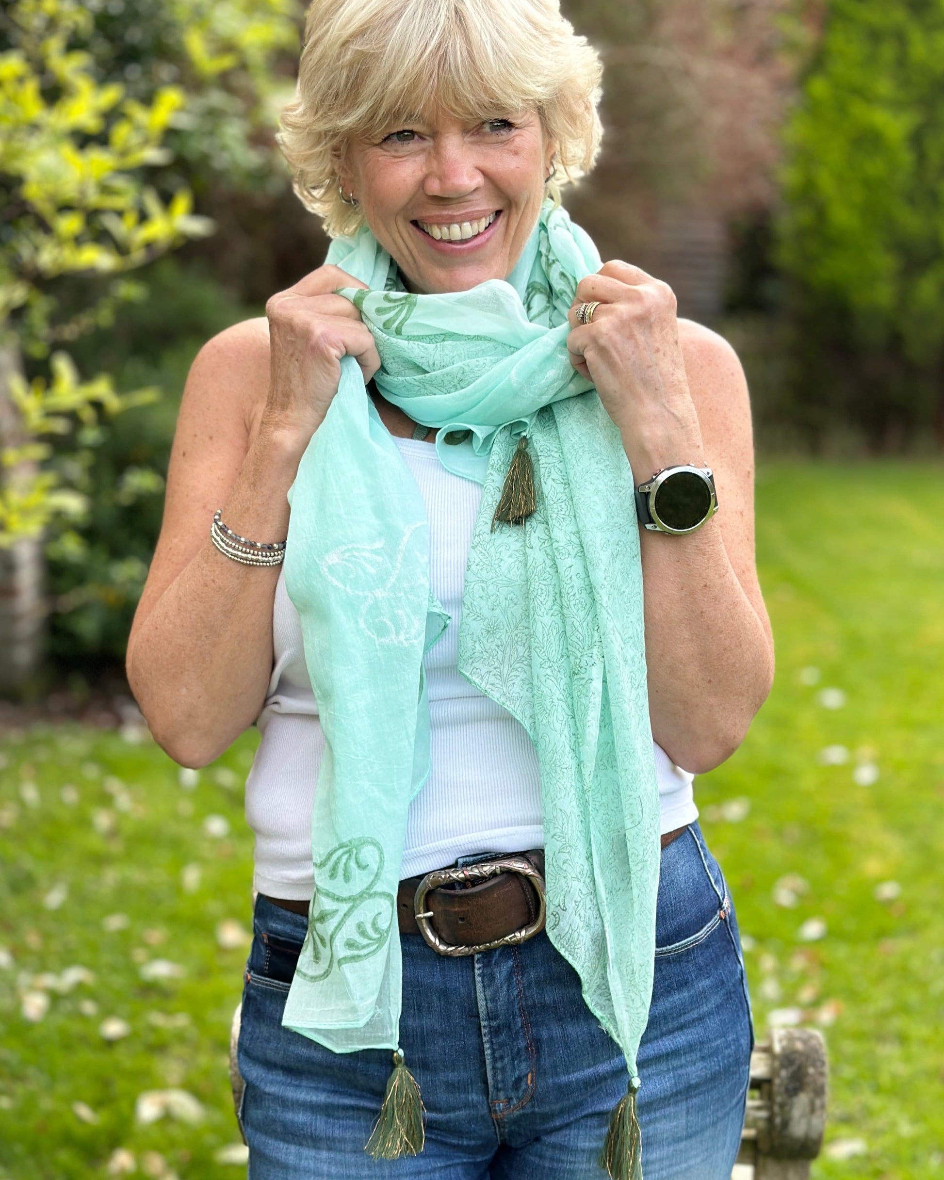 accessory Cotton Block Print Scarf - Pale Green Flowers