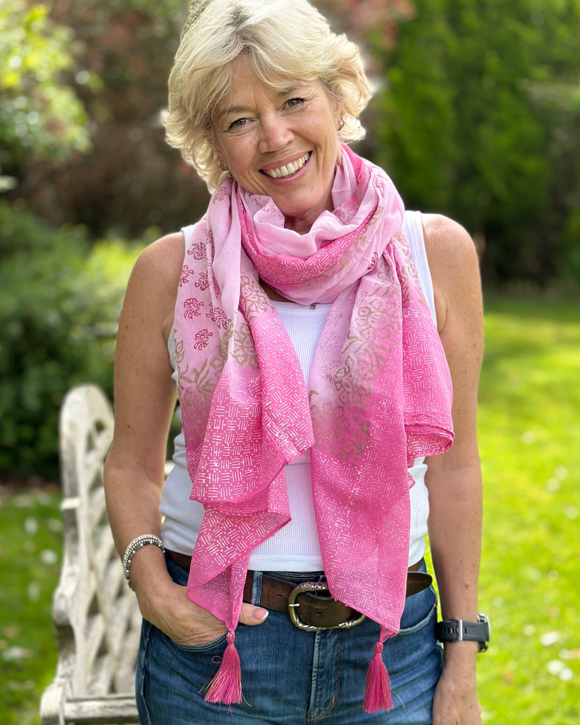 accessory Cotton Block Print Scarf - Pink/Fuchsia