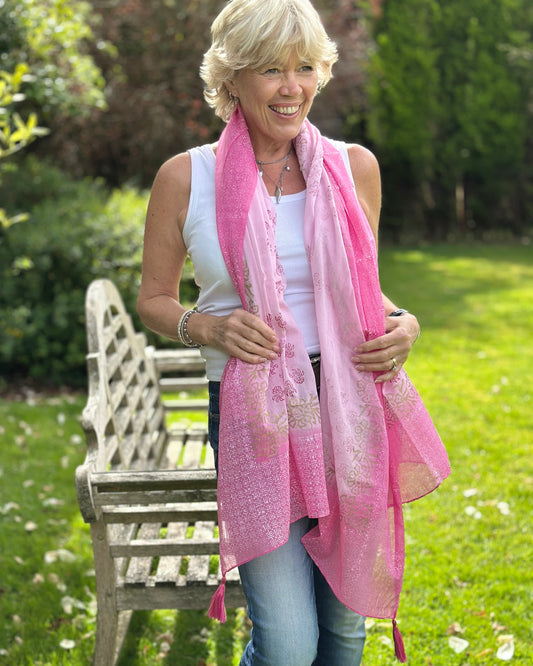 accessory Cotton Block Print Scarf - Pink/Fuchsia