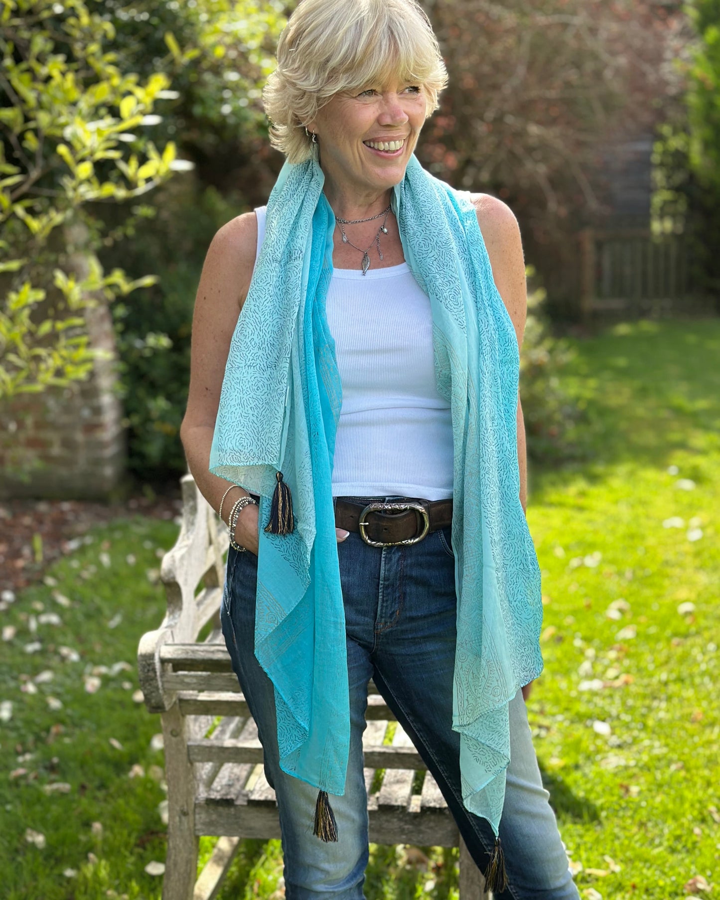 accessory Cotton Block Print Scarf - Turquiose/Navy tassels