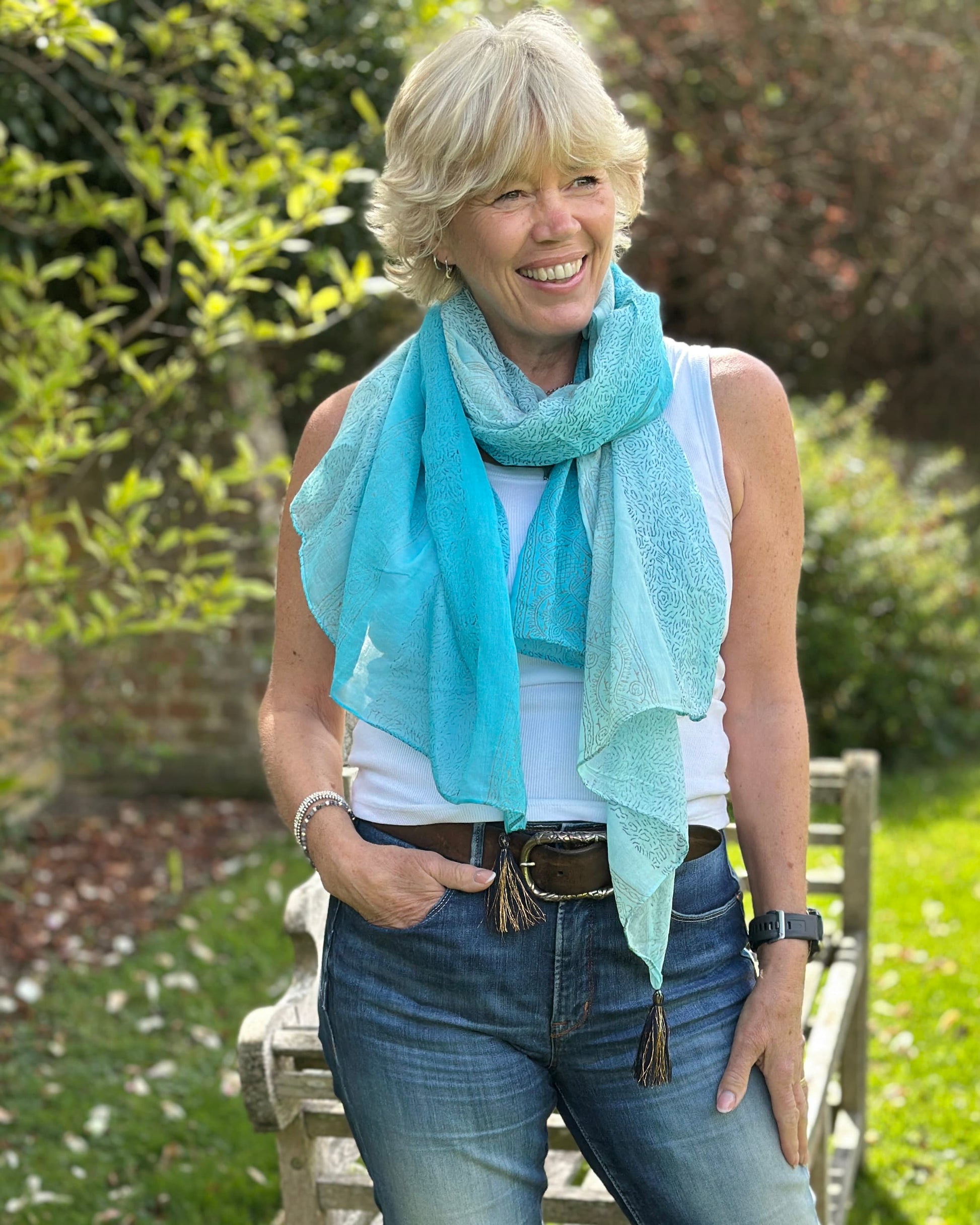 accessory Cotton Block Print Scarf - Turquiose/Navy tassels