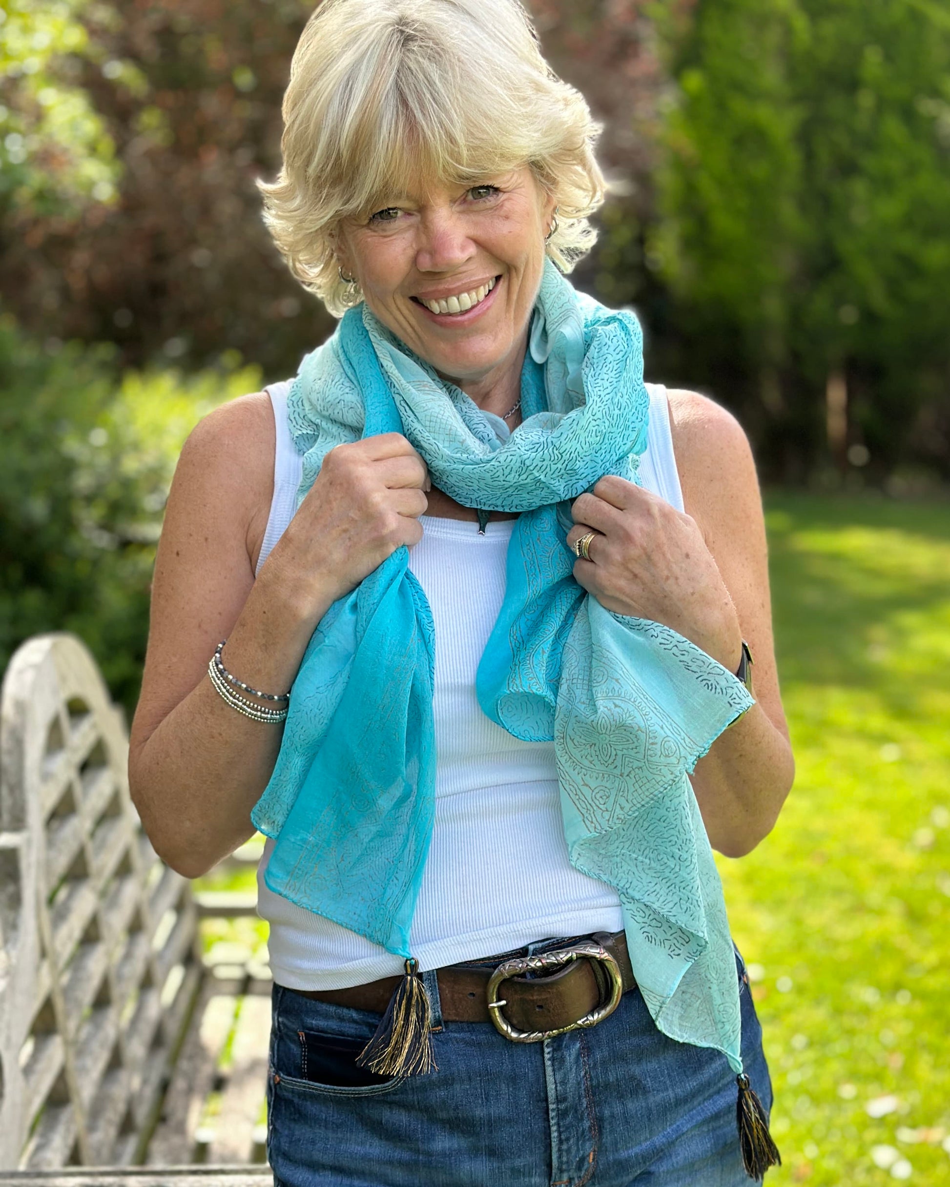 accessory Cotton Block Print Scarf - Turquiose/Navy tassels