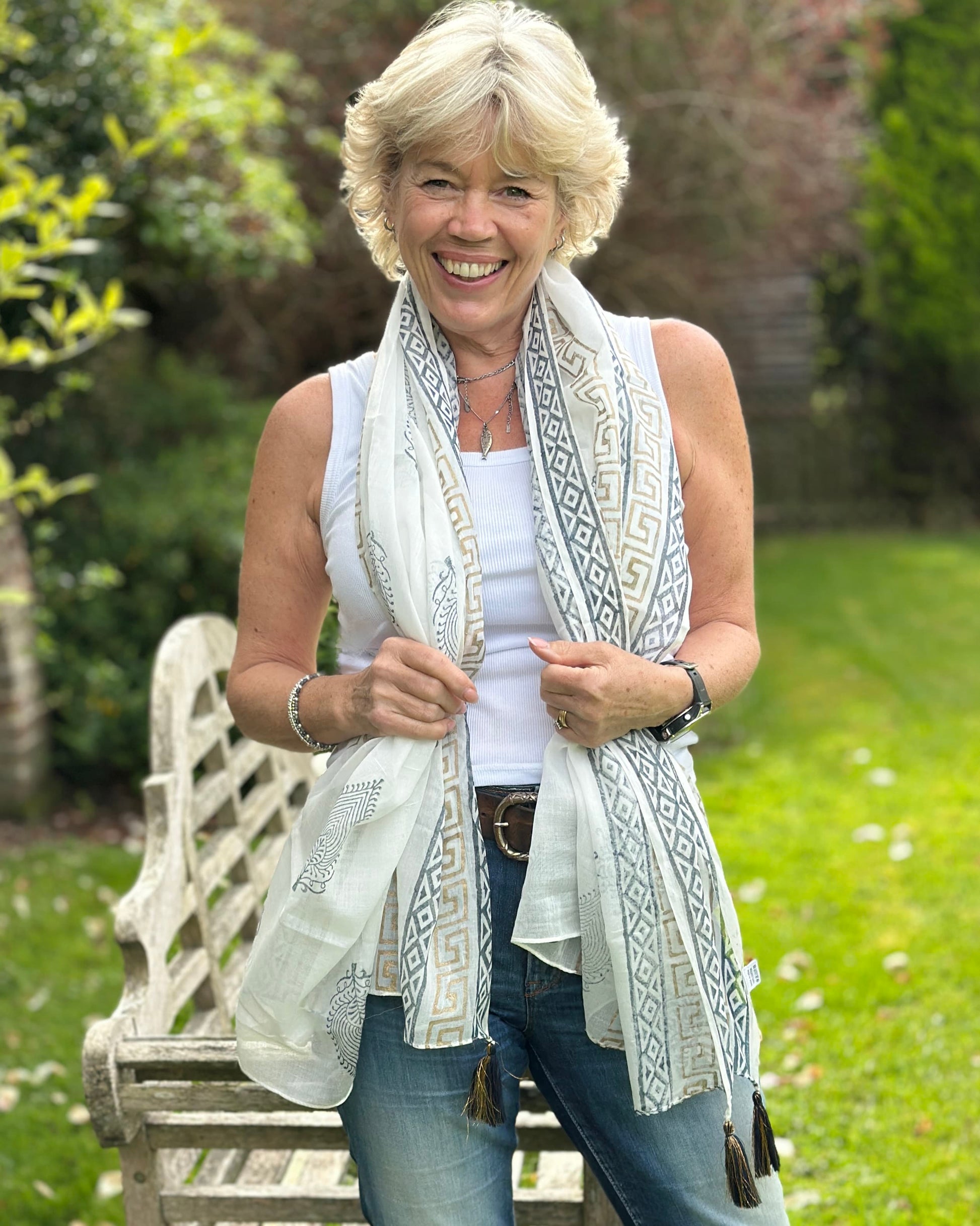 accessory Cotton Block Print Scarf - White/Black Tassels