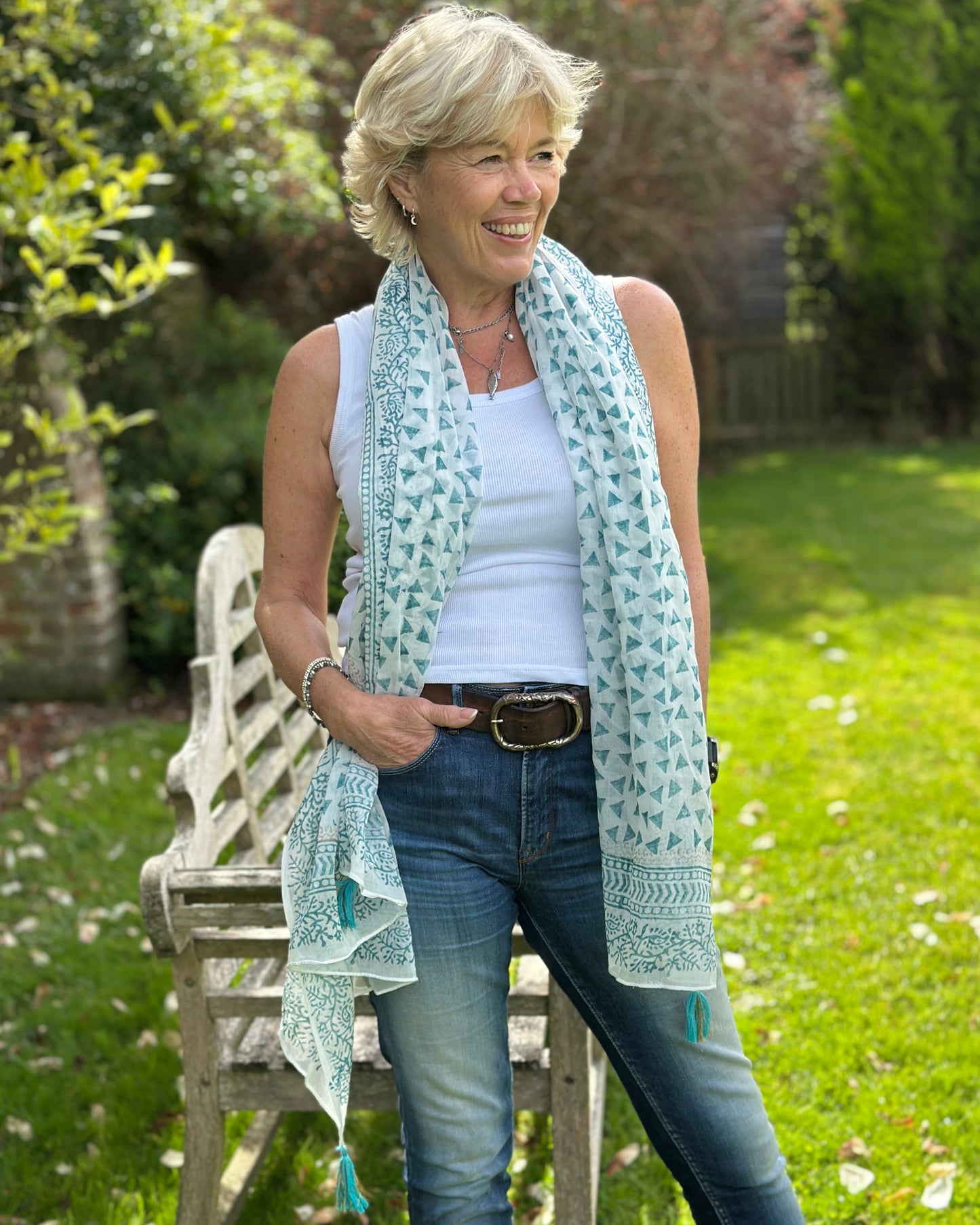 accessory Cotton Block Print Scarf - White/Green
