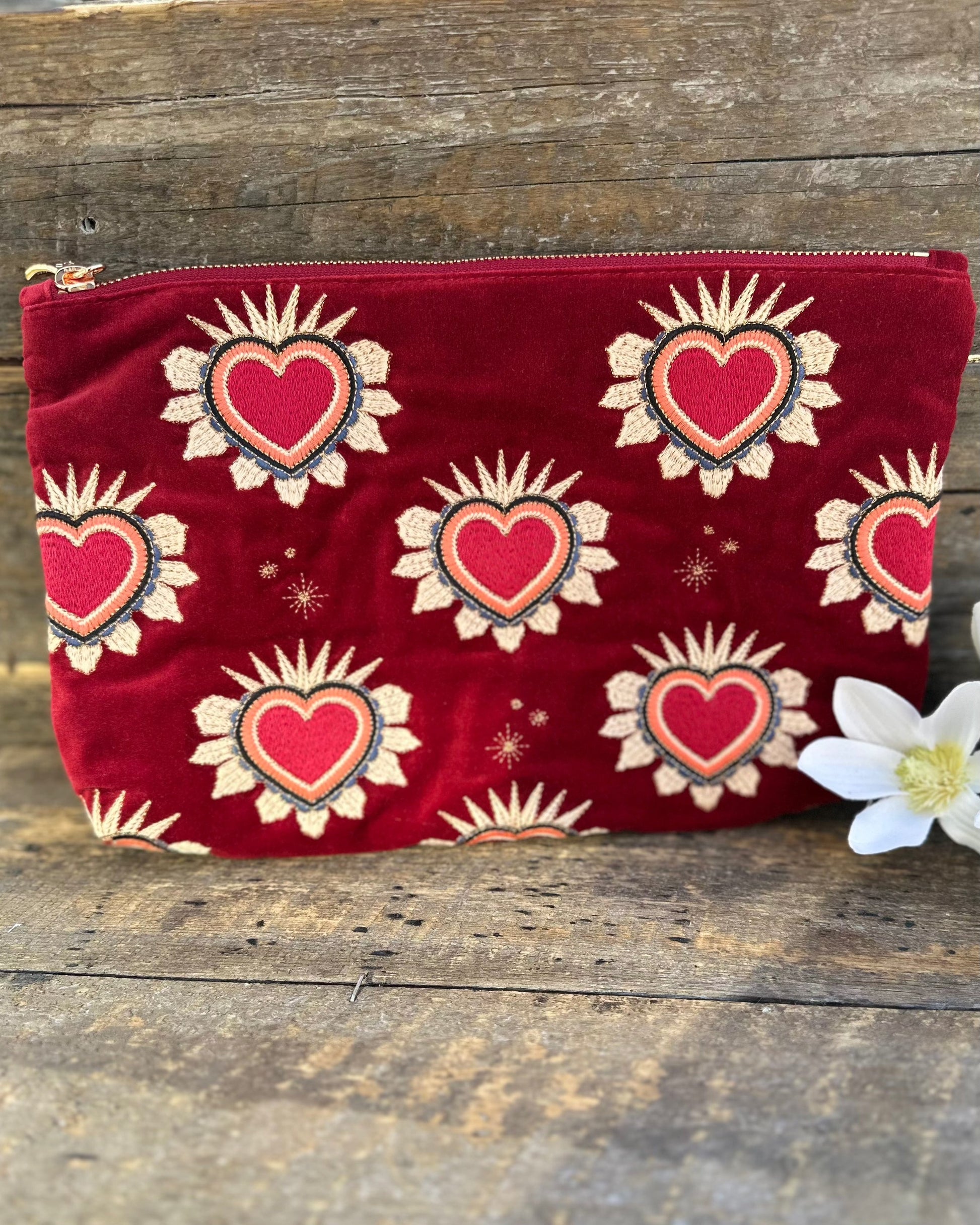accessory Embroidered Enchanted Hearts Velvet Everyday Bag - Red