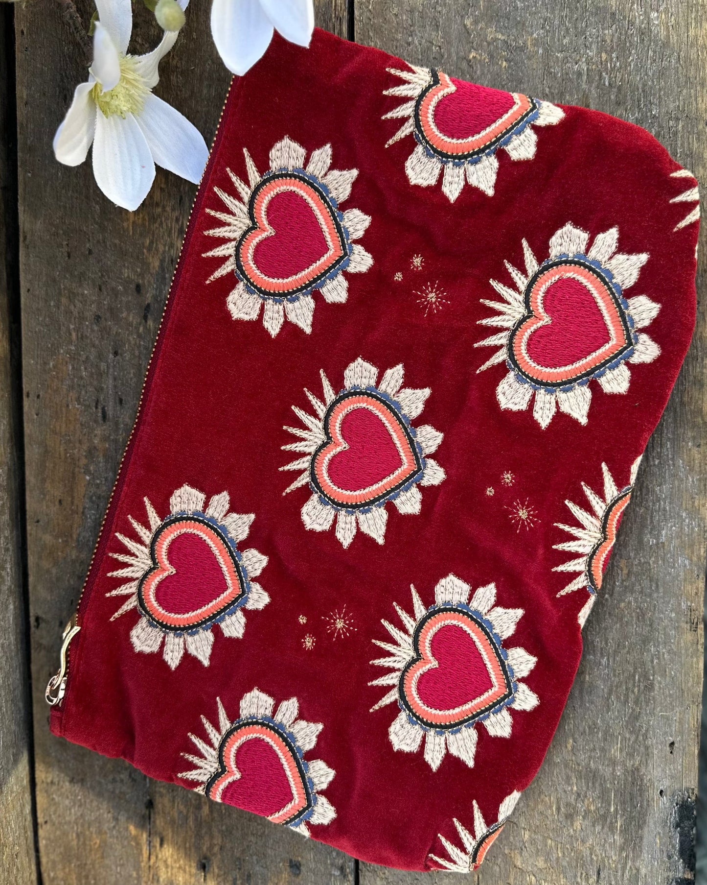 accessory Embroidered Enchanted Hearts Velvet Everyday Bag - Red