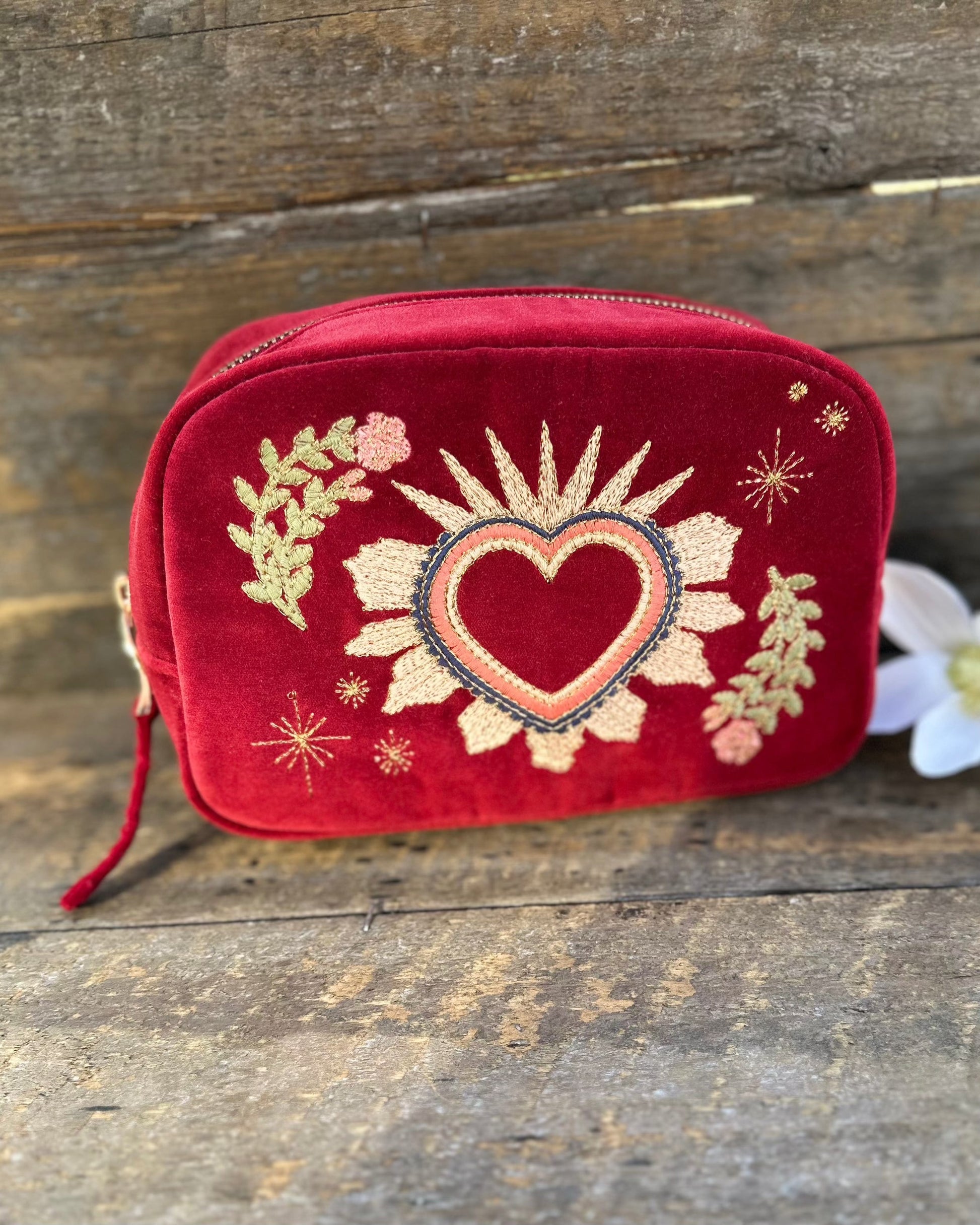 accessory Embroidered Enchanted Hearts Velvet Make Up Bag - Red