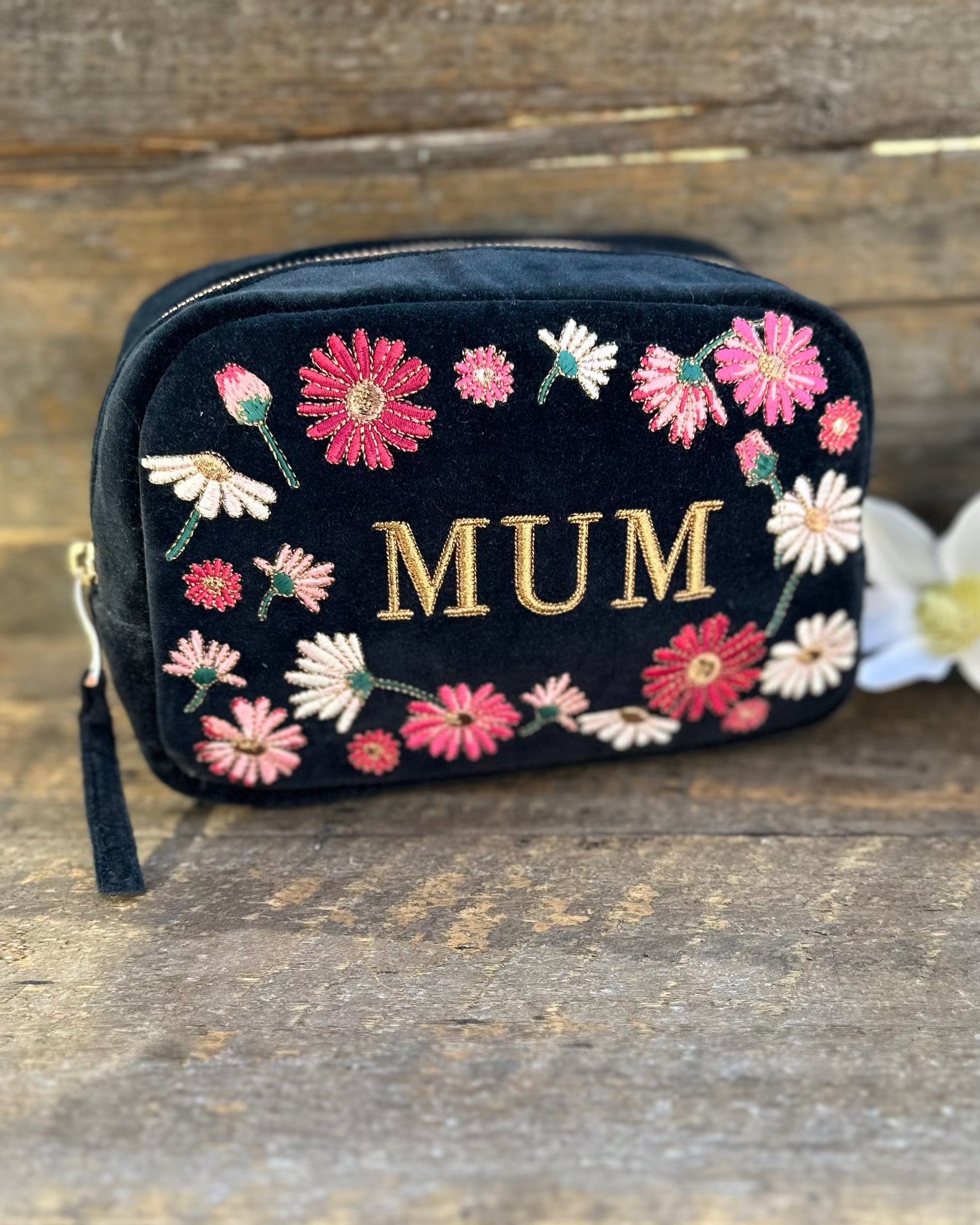 accessory Embroidered 'MUM' Wildflower Velvet Make Up Bag - Charcoal