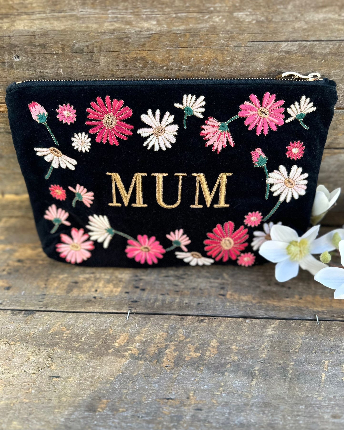 accessory Embroidered 'MUM' Wildflowers Velvet Everyday Bag - Charcoal