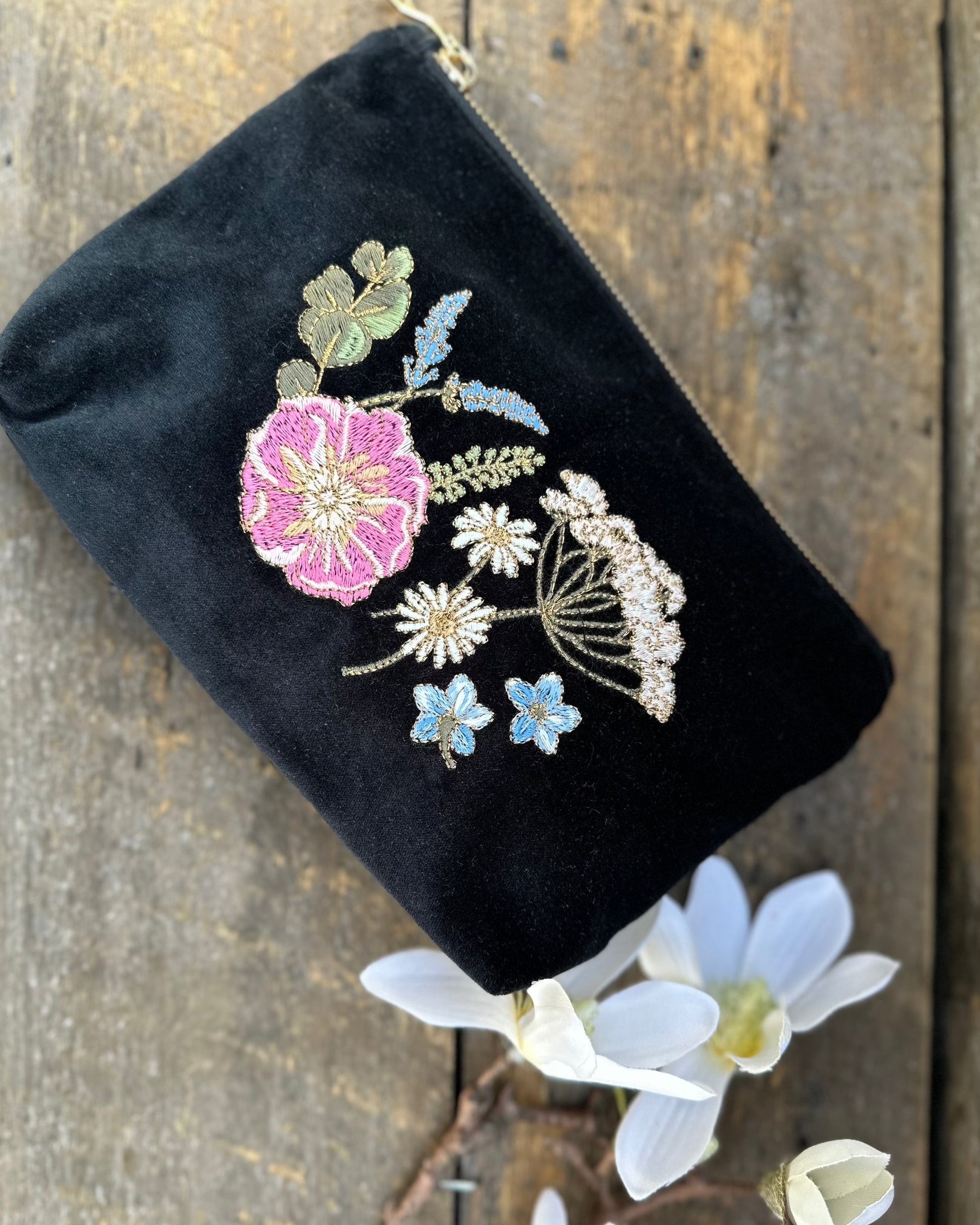 accessory Embroidered Pressed Flowers Mini Pouch - Charcoal