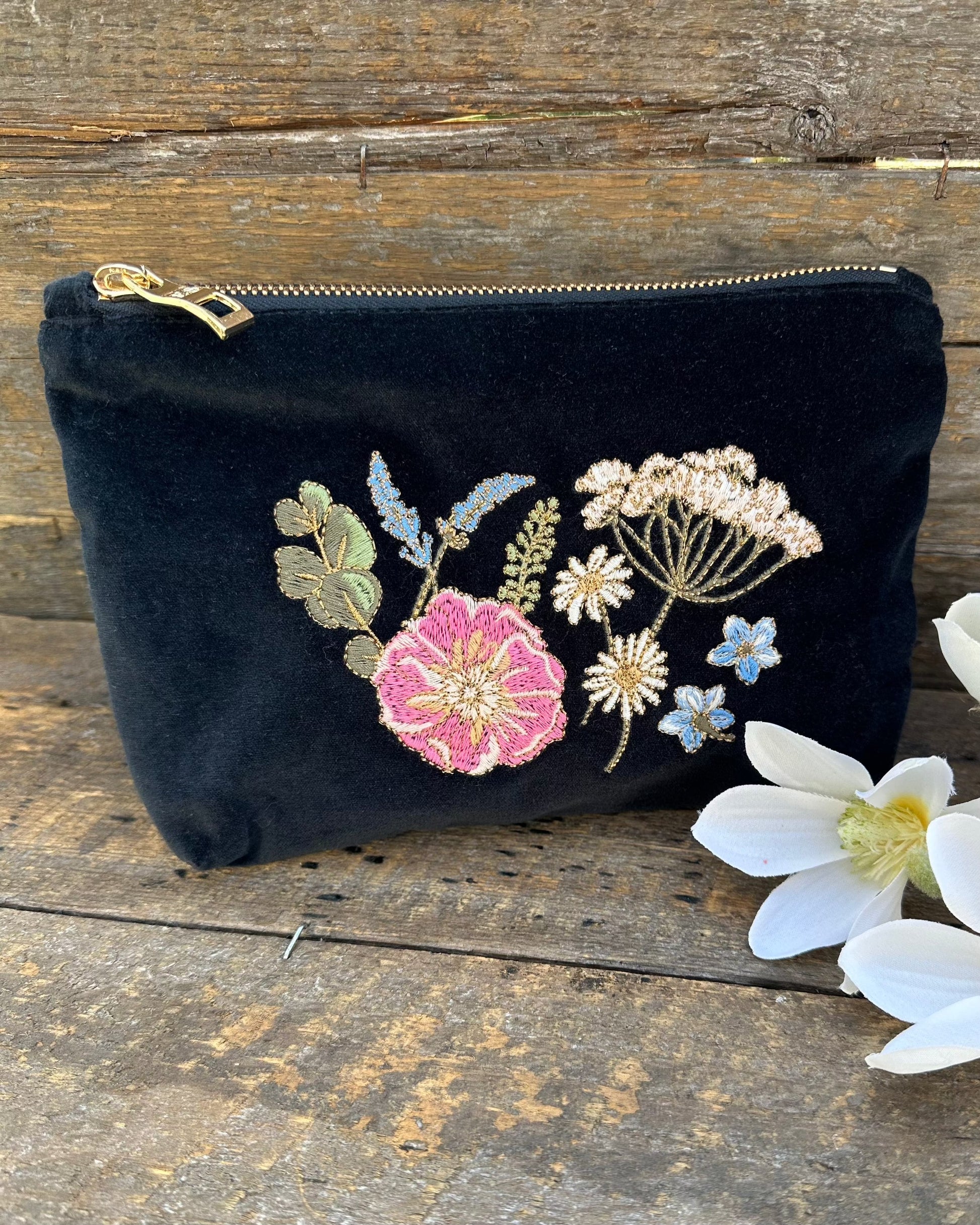 accessory Embroidered Pressed Flowers Mini Pouch - Charcoal