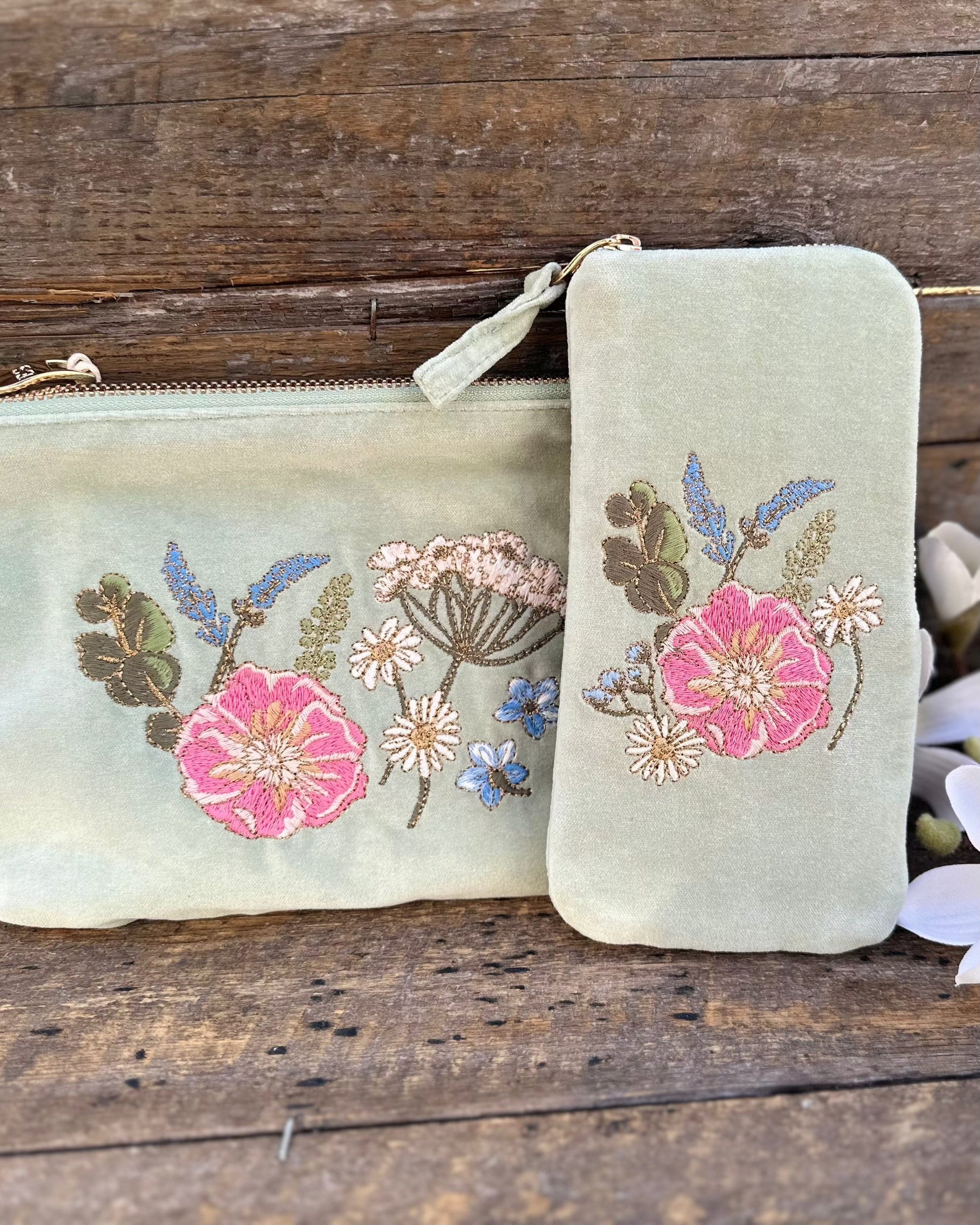 accessory Embroidered Pressed Flowers Mini Pouch - Sage