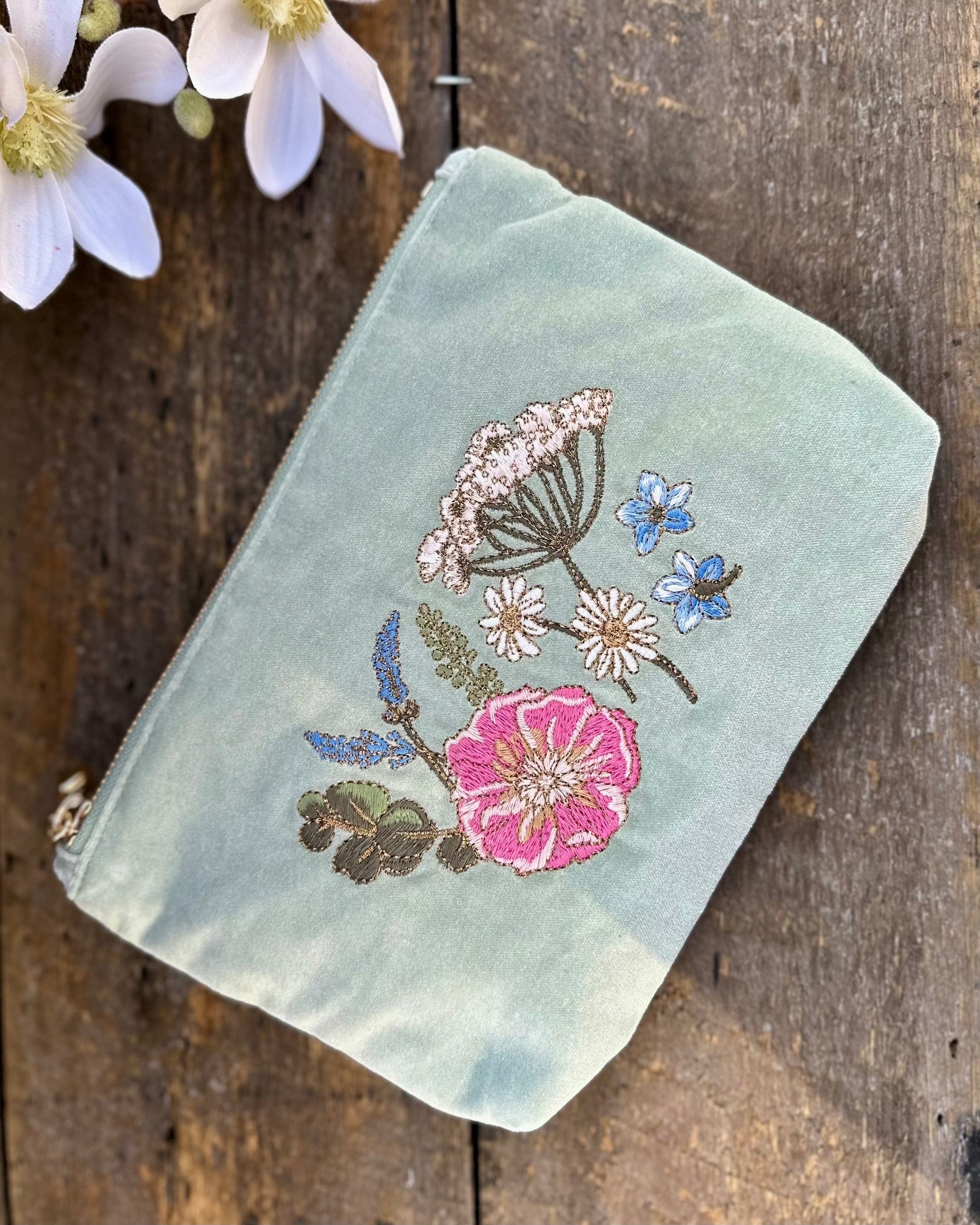 accessory Embroidered Pressed Flowers Mini Pouch - Sage