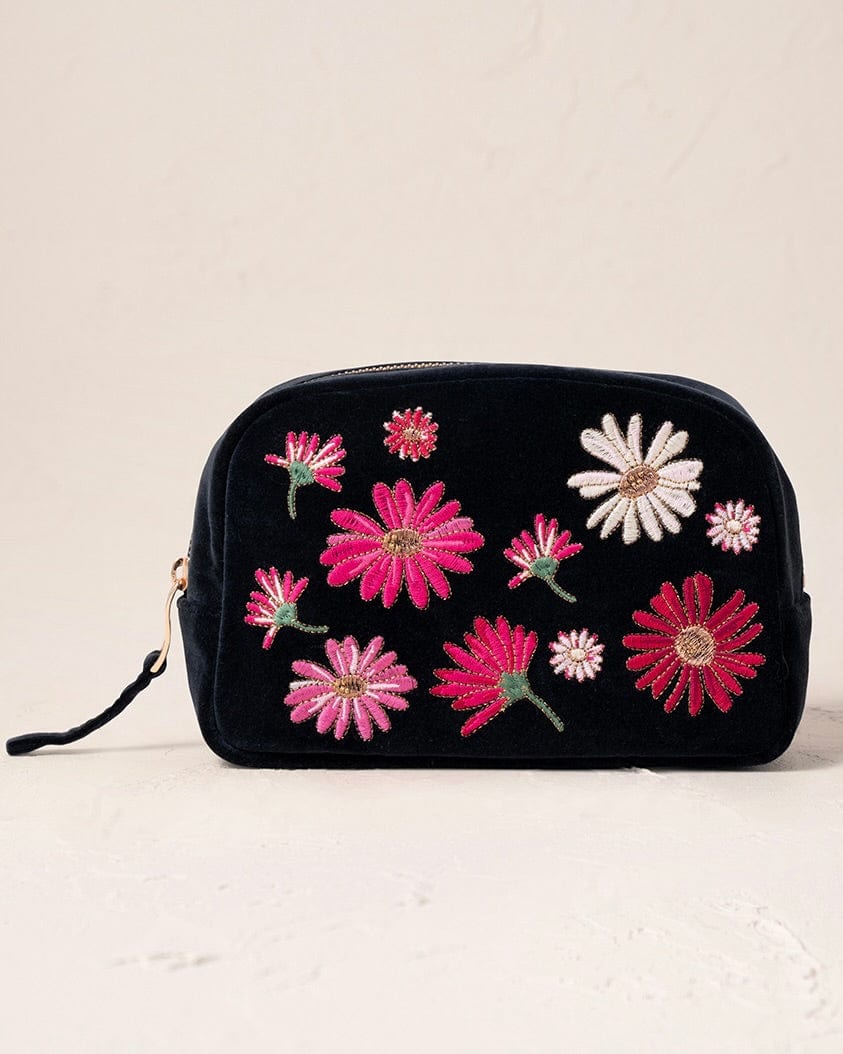 accessory Embroidered Wildflower Velvet Make Up Bag - Charcoal