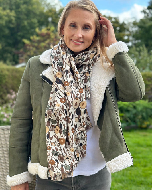 accessory Floral Print Large Fringed Scarf - Browns