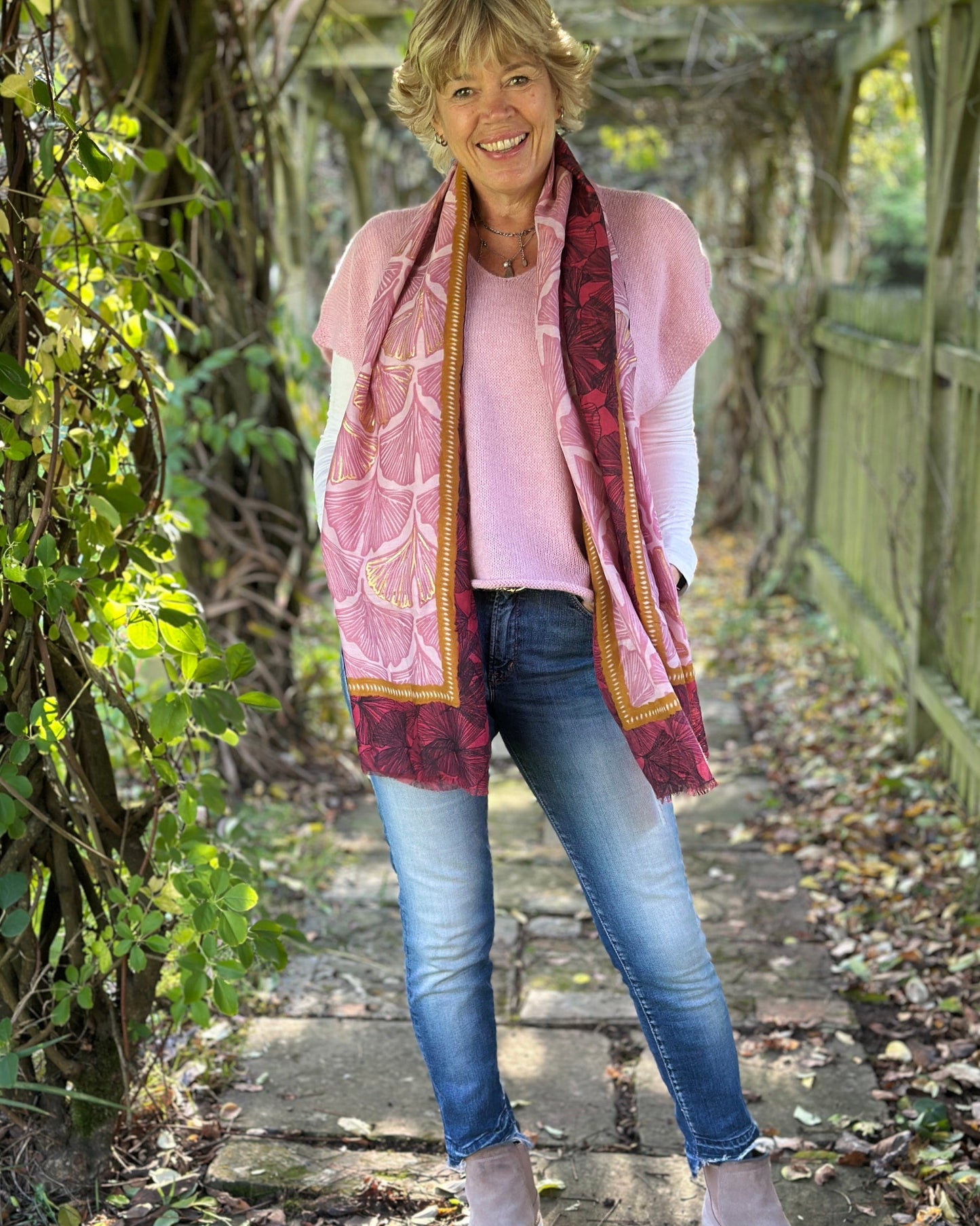 accessory Floral Print Large Fringed Scarf - Gingko Leaves