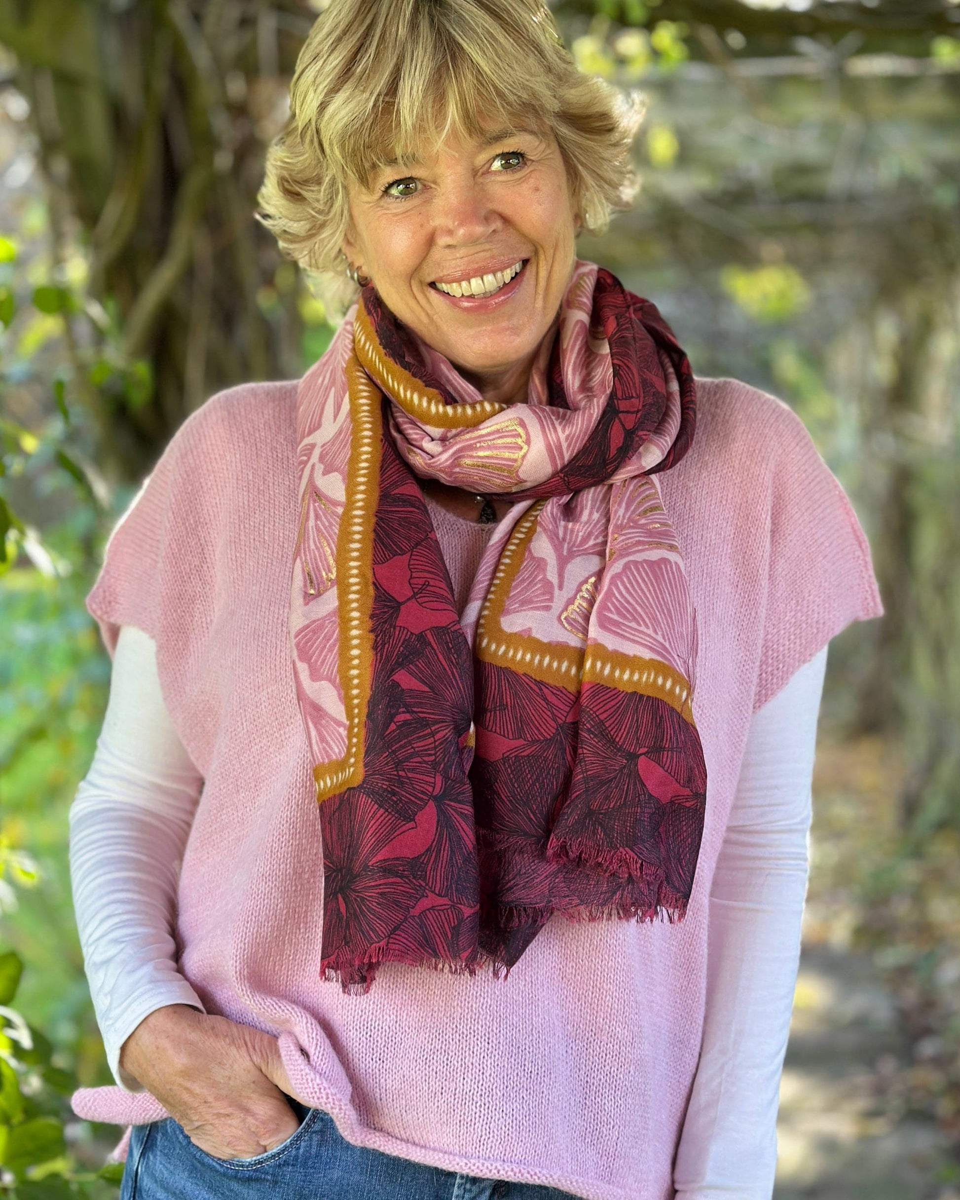 accessory Floral Print Large Fringed Scarf - Gingko Leaves