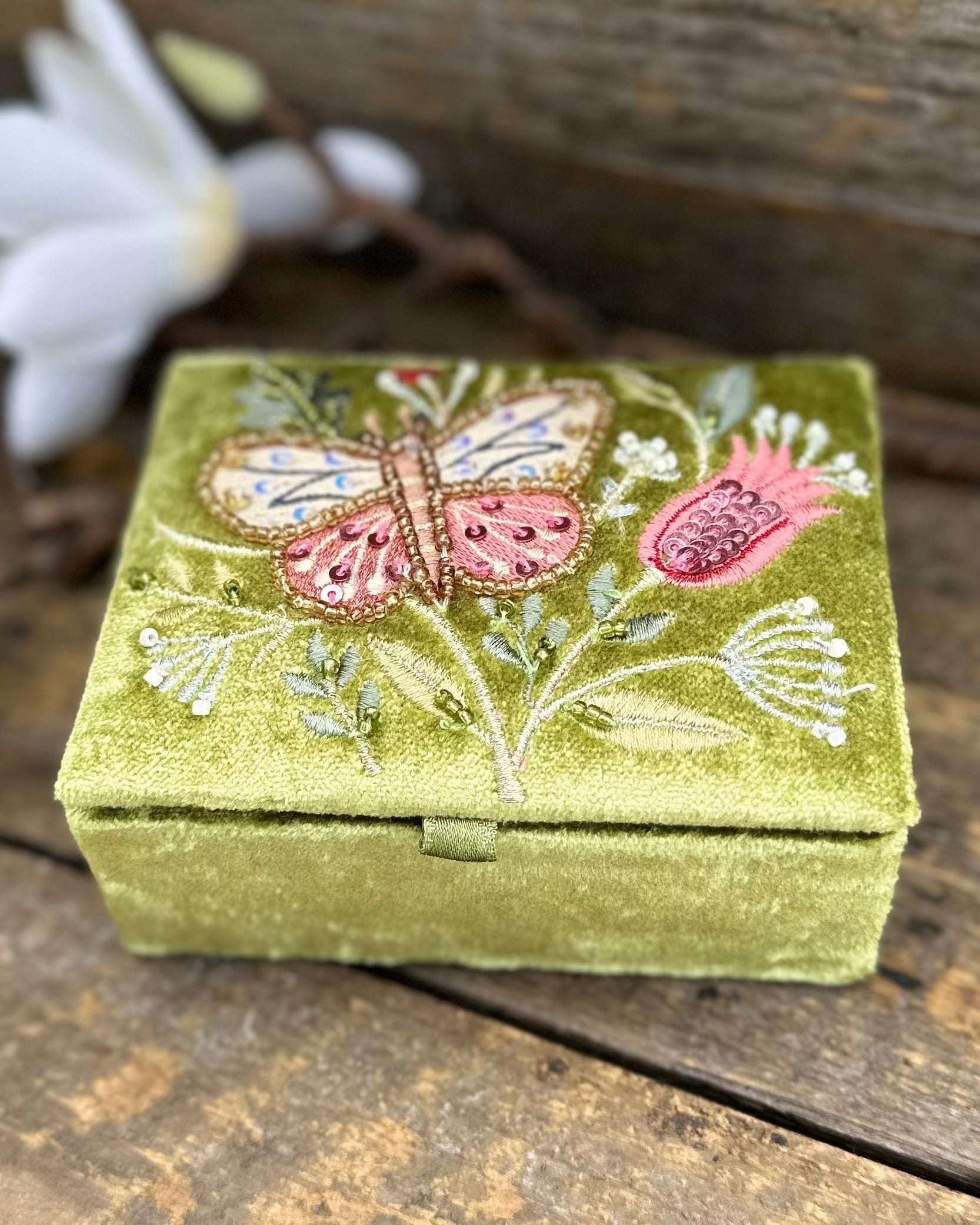 accessory Green Velvet Embellished Butterfly Jewellery Box