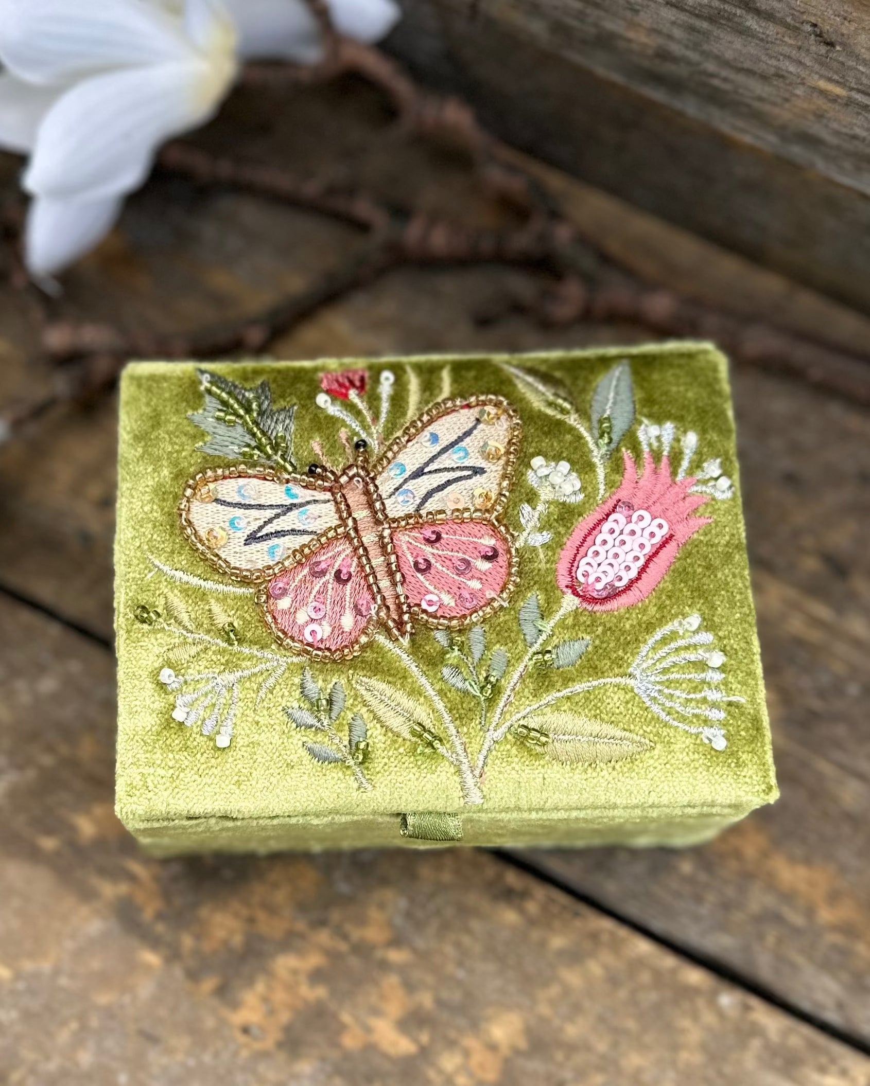 accessory Green Velvet Embellished Butterfly Jewellery Box