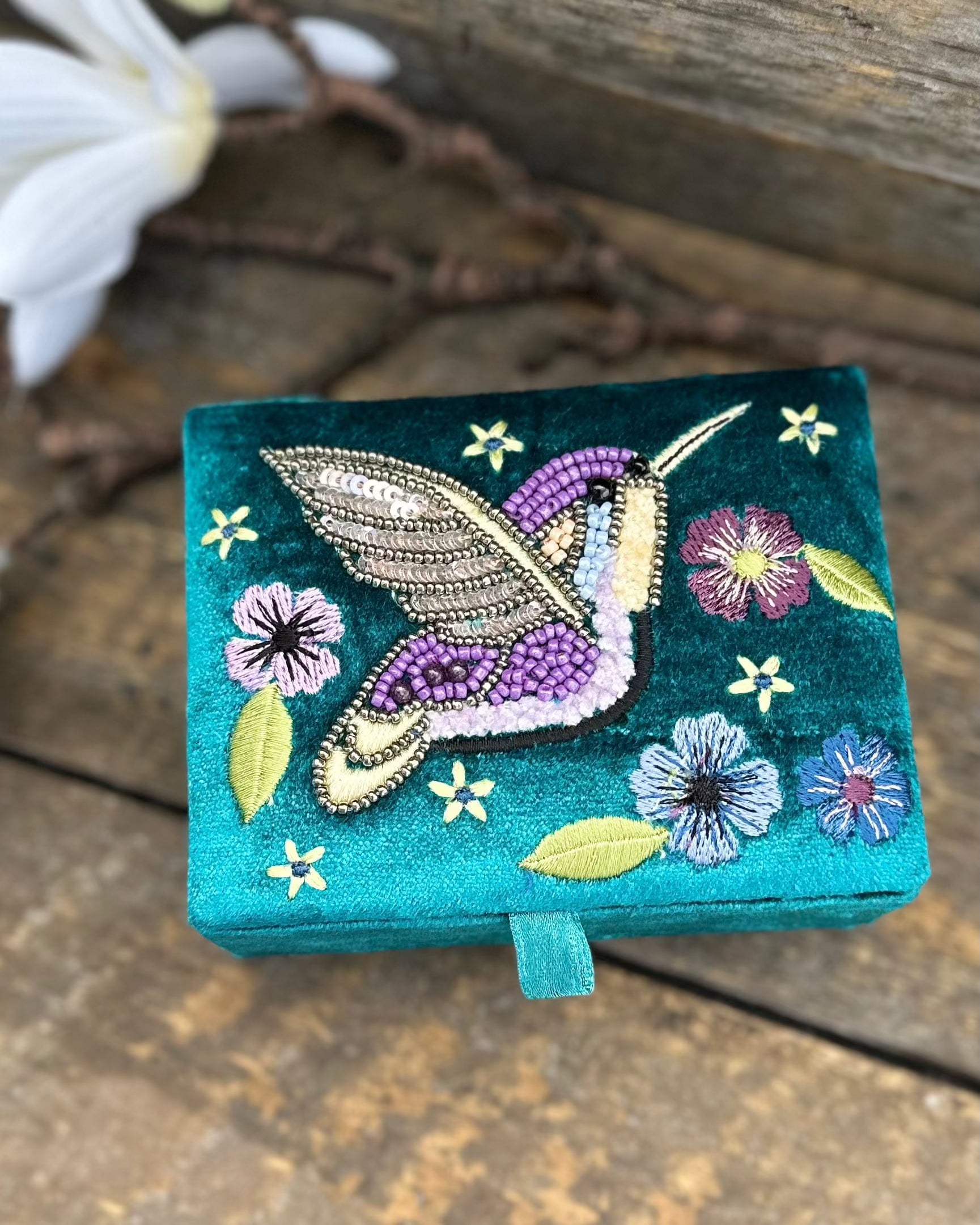 accessory Teal Velvet Embellished Hummingbird Jewellery Box