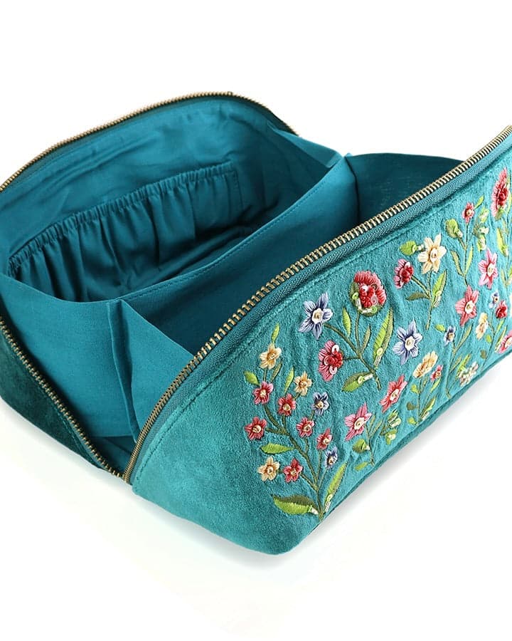 accessory Teal Velvet Meadow Flowers Fold-out Make Up Bag