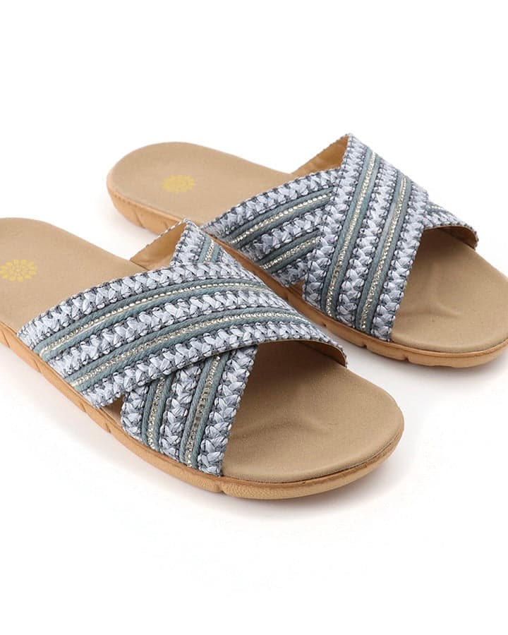 accessory Woven Crossover Summer Sparkly Sliders - Grey/White