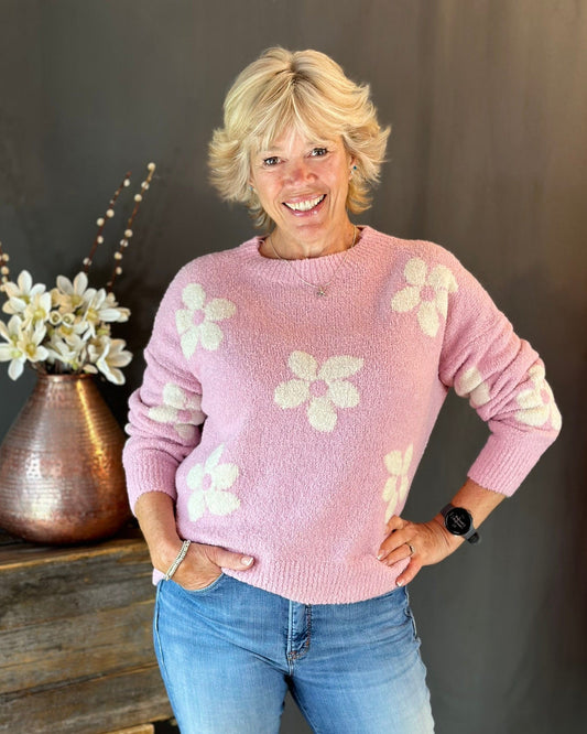 Boucle Knitted Flower Jumper - Baby Pink