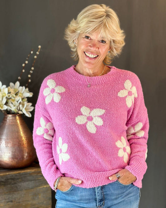 Boucle Knitted Flower Jumper - Pink