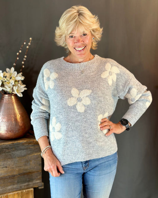 Boucle Knitted Flower Jumper - Silver Grey