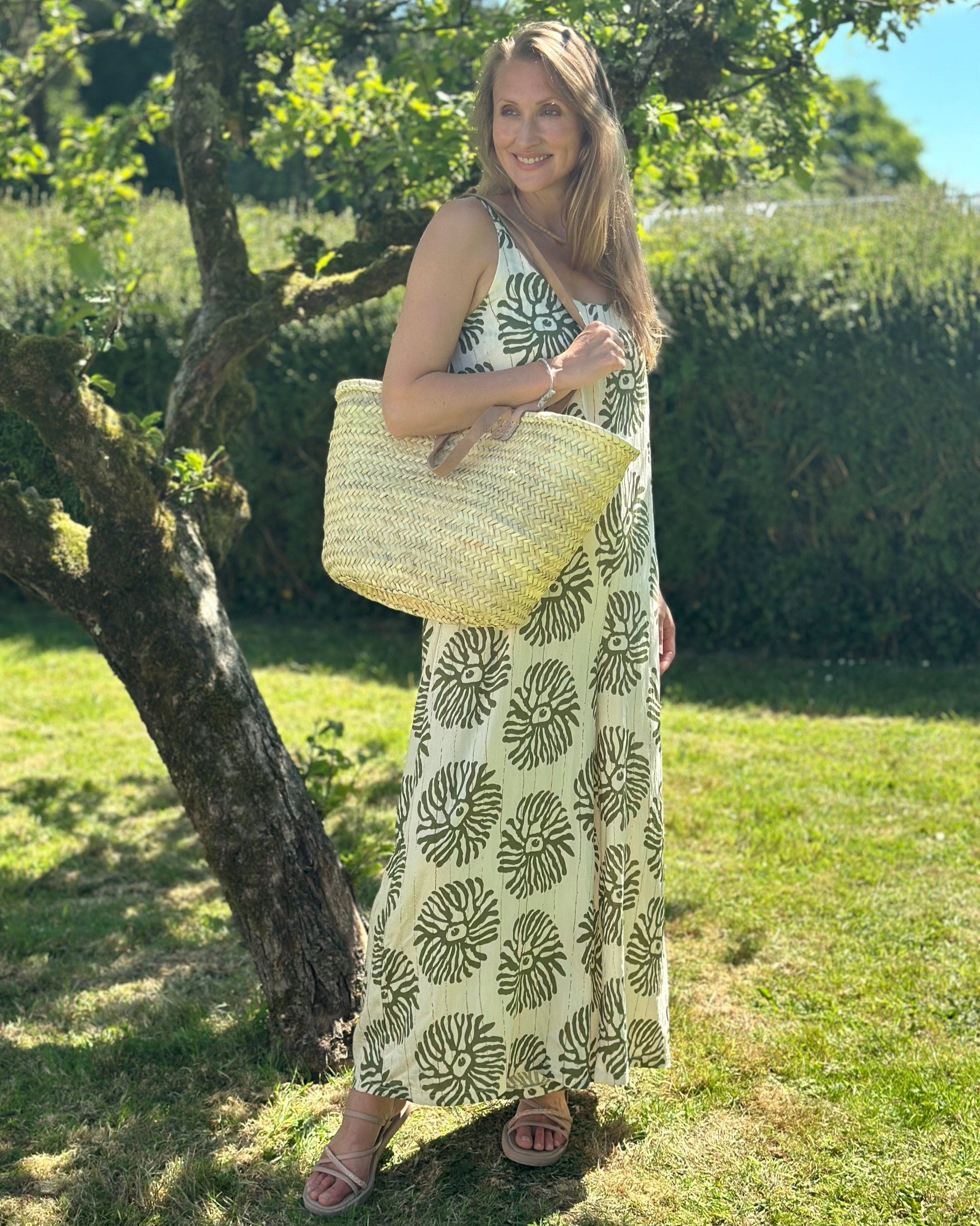 Canvas Bag French Market Straw Bag With Leather Handles - Natural/Pale