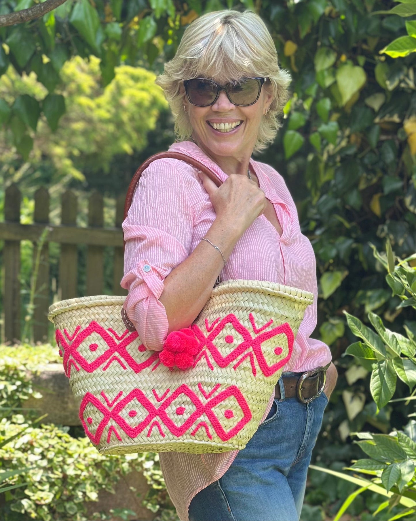 Canvas Bag Moroccan Embroidered Basket With Tassels - Pink