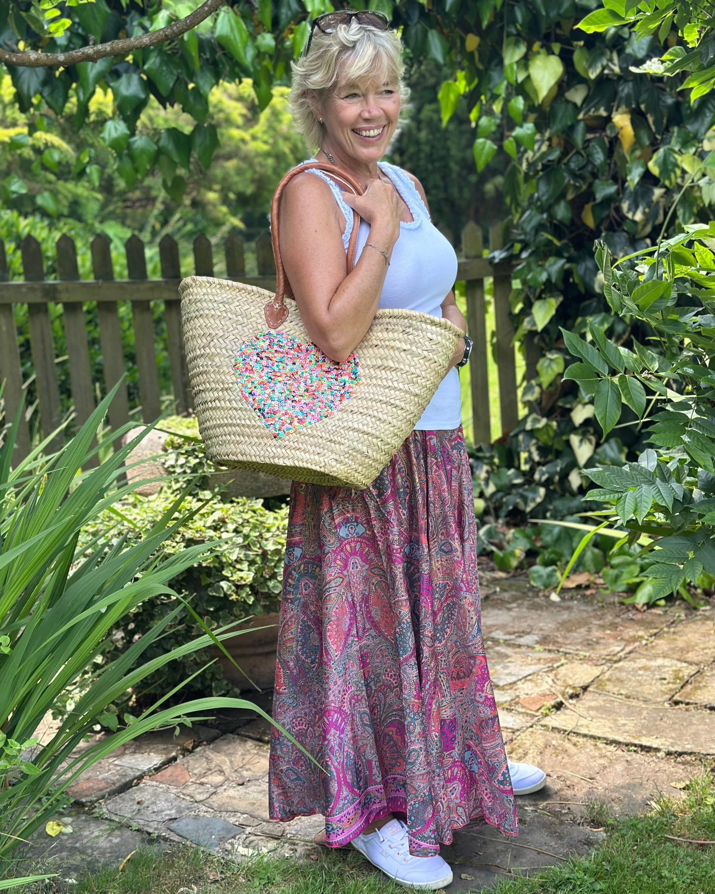 Canvas Bag Sequin Heart Straw Bag With Leather Handles - Natural