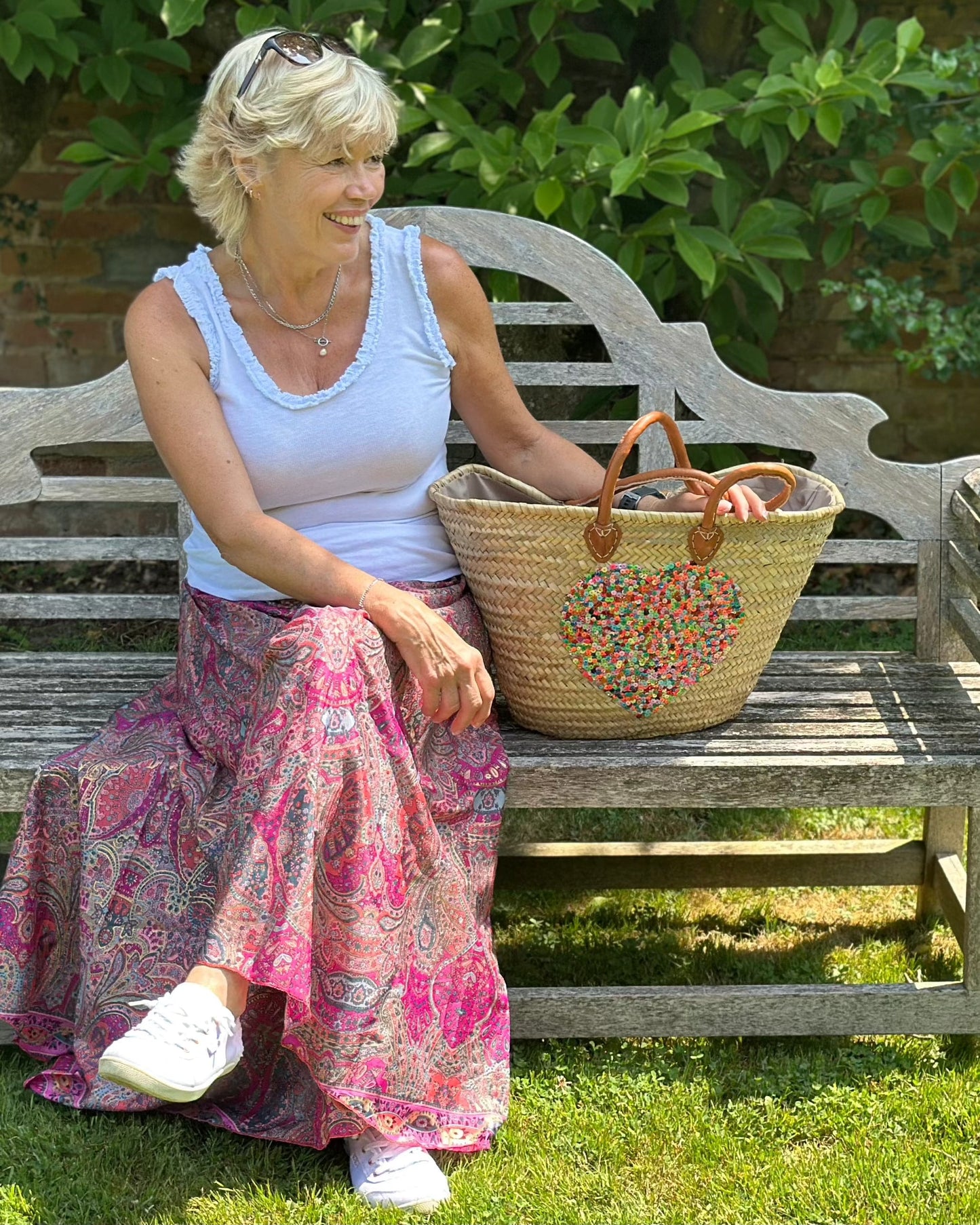 Canvas Bag Sequin Heart Straw Bag With Leather Handles - Natural