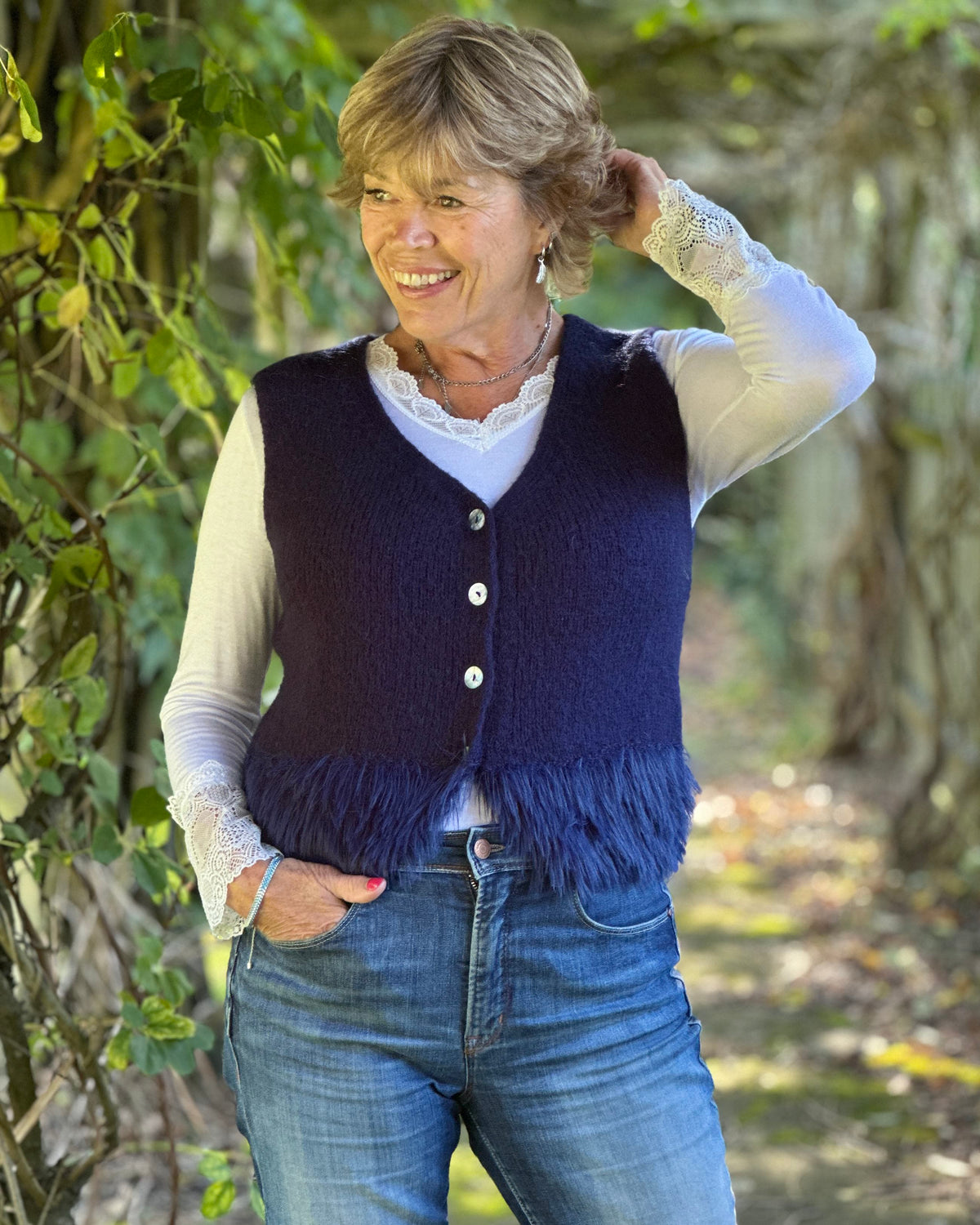Clothing Alpaca Fur Trim Buttoned Tank Top - Navy