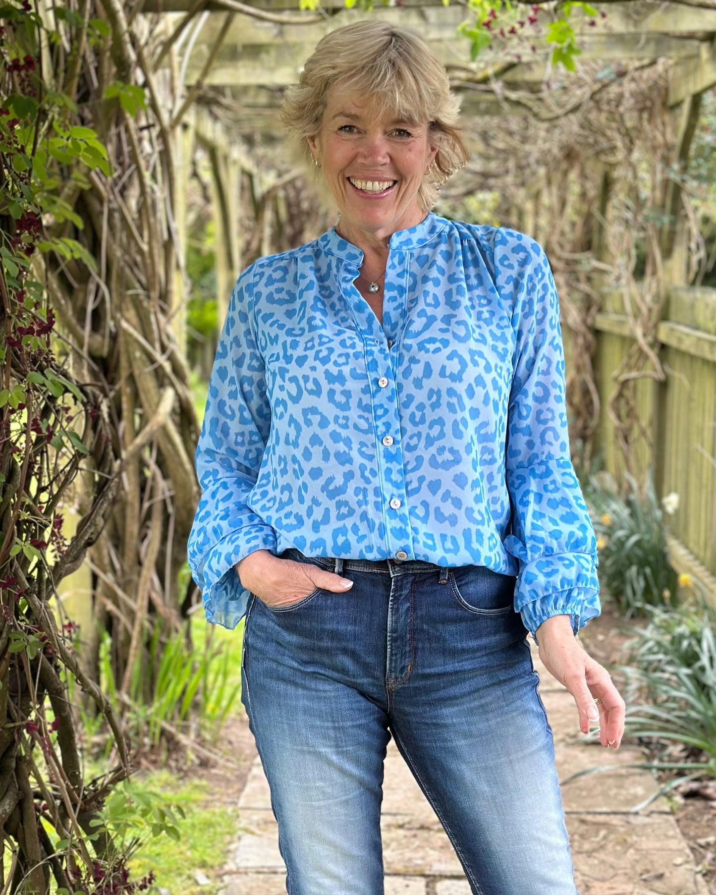 clothing Animal Print Spanish Sleeve Blouse - Blue