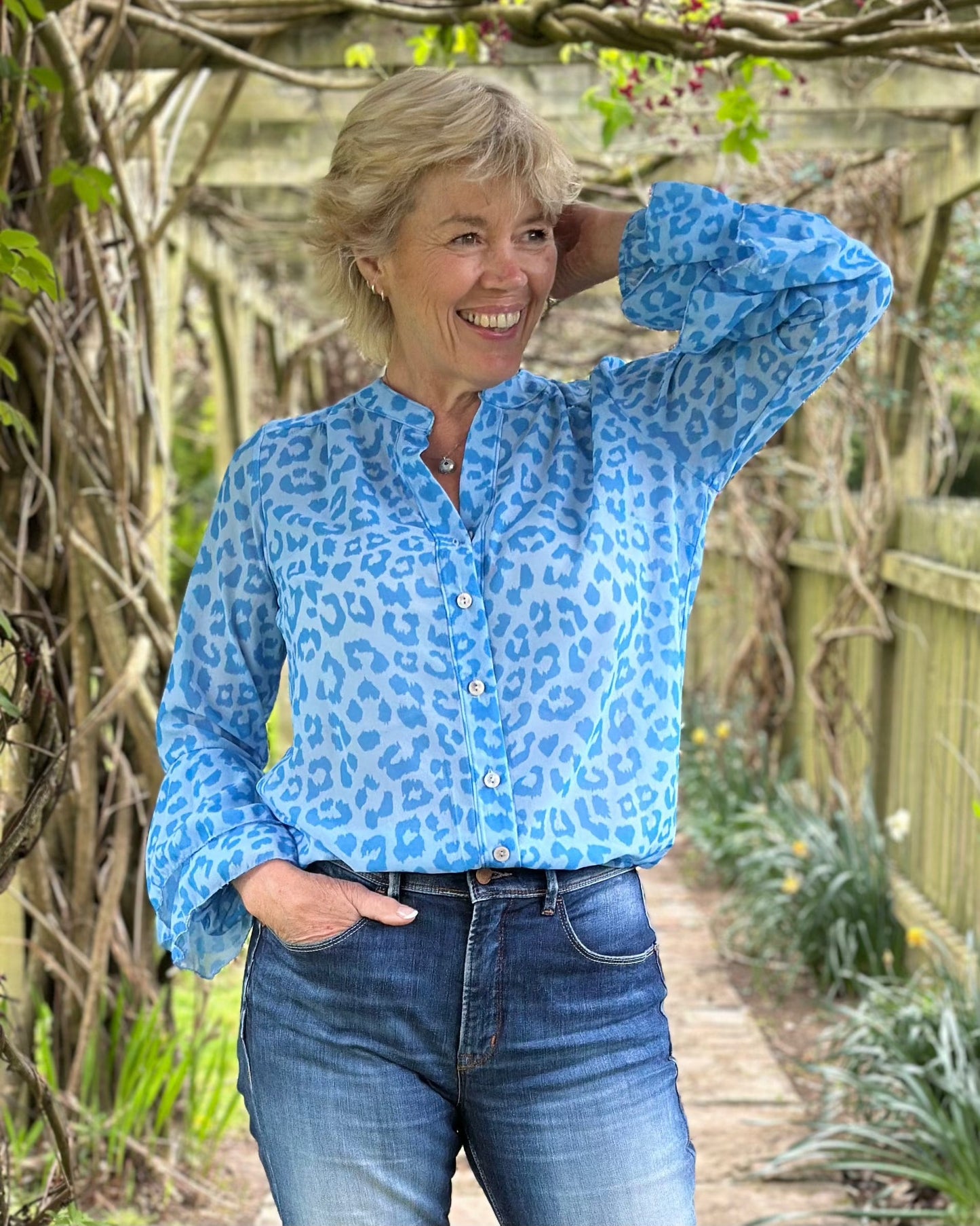 clothing Animal Print Spanish Sleeve Blouse - Blue