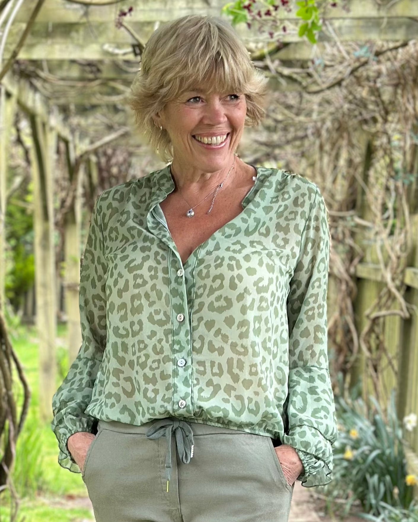 clothing Animal Print Spanish Sleeve Blouse - Khaki