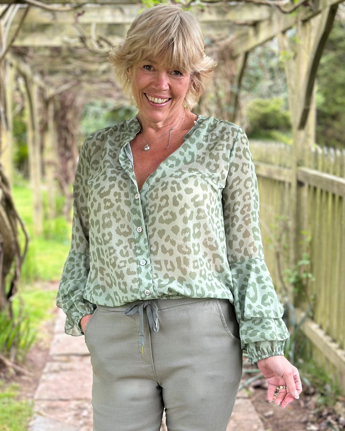 clothing Animal Print Spanish Sleeve Blouse - Khaki