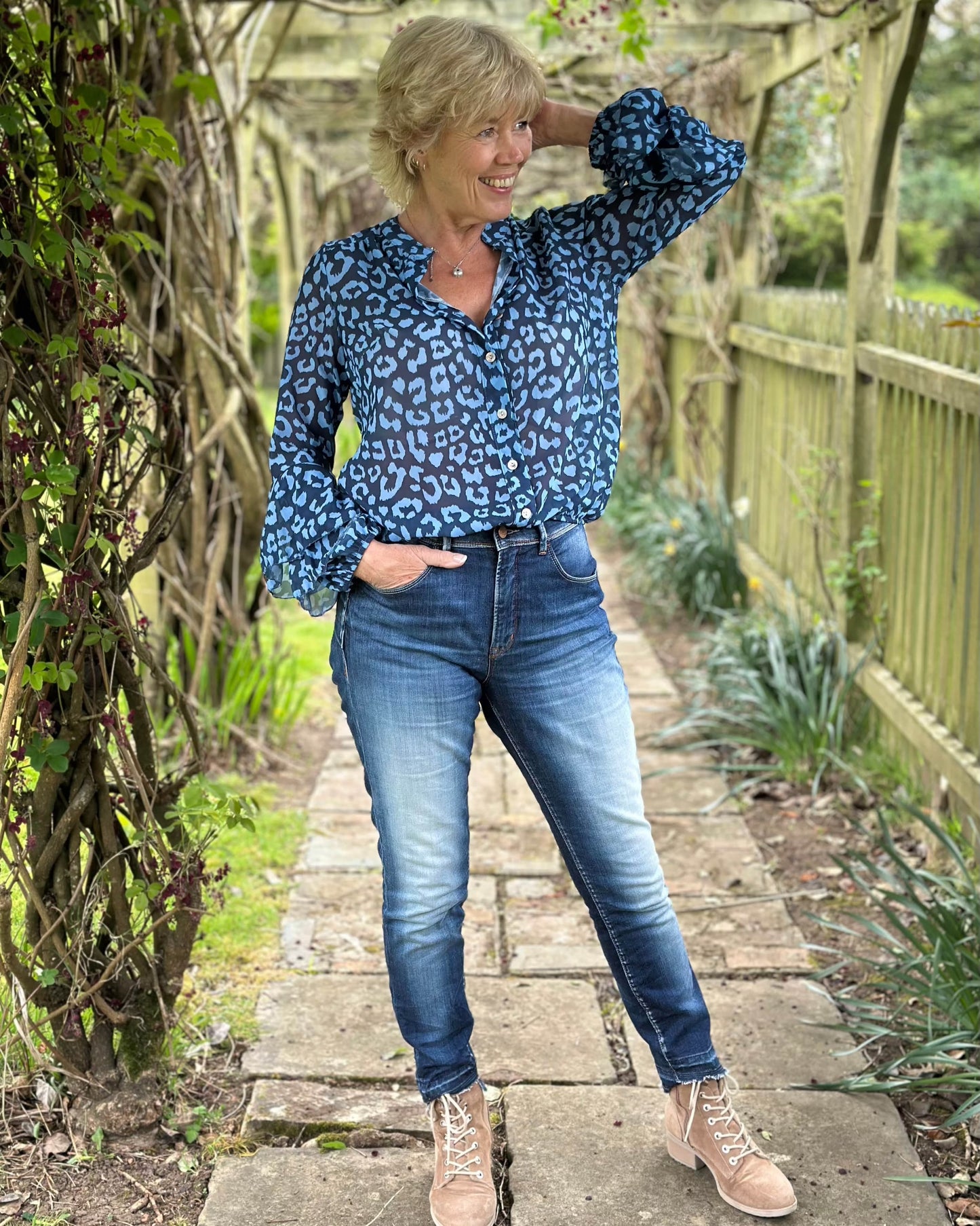 clothing Animal Print Spanish Sleeve Blouse - Navy
