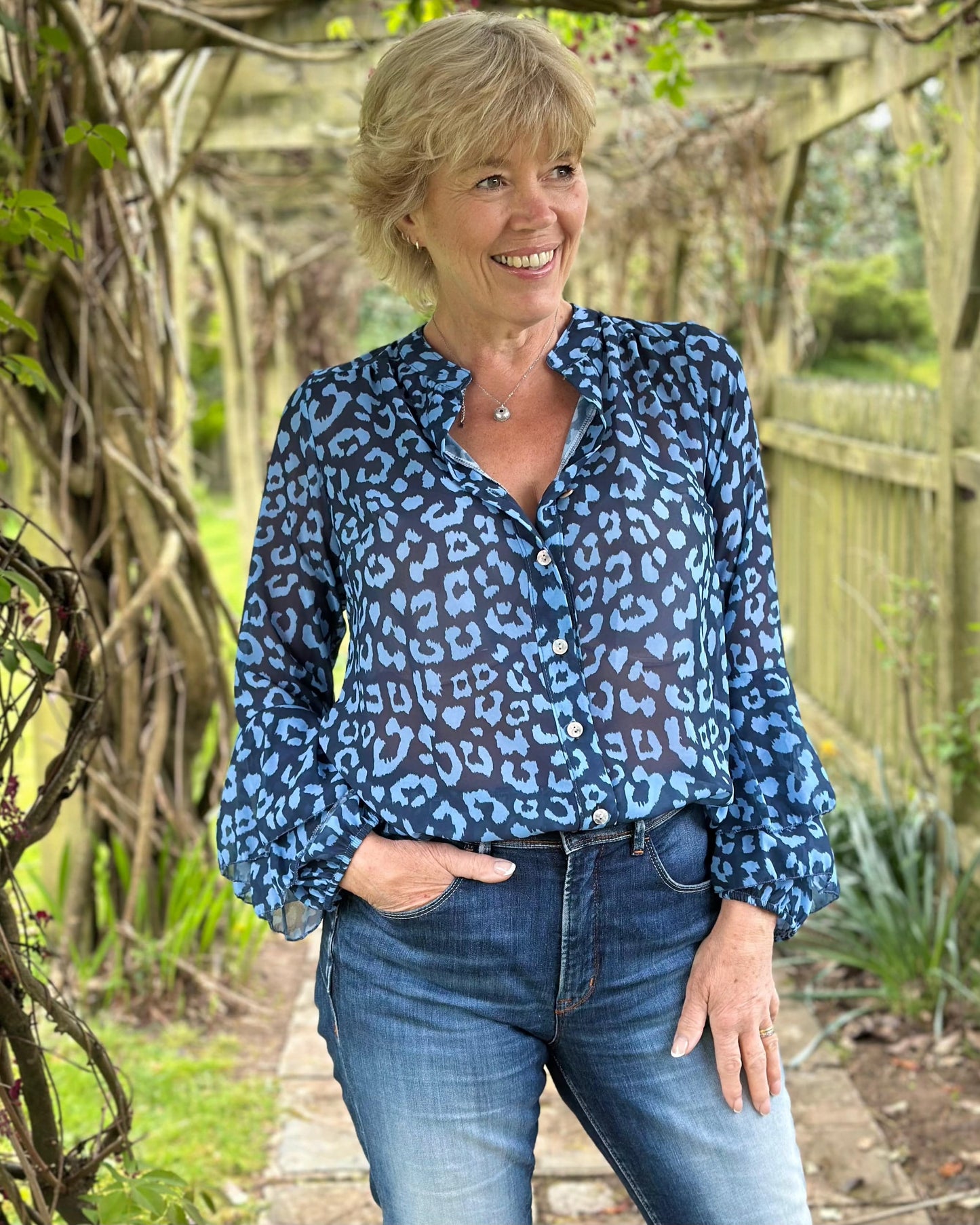 clothing Animal Print Spanish Sleeve Blouse - Navy