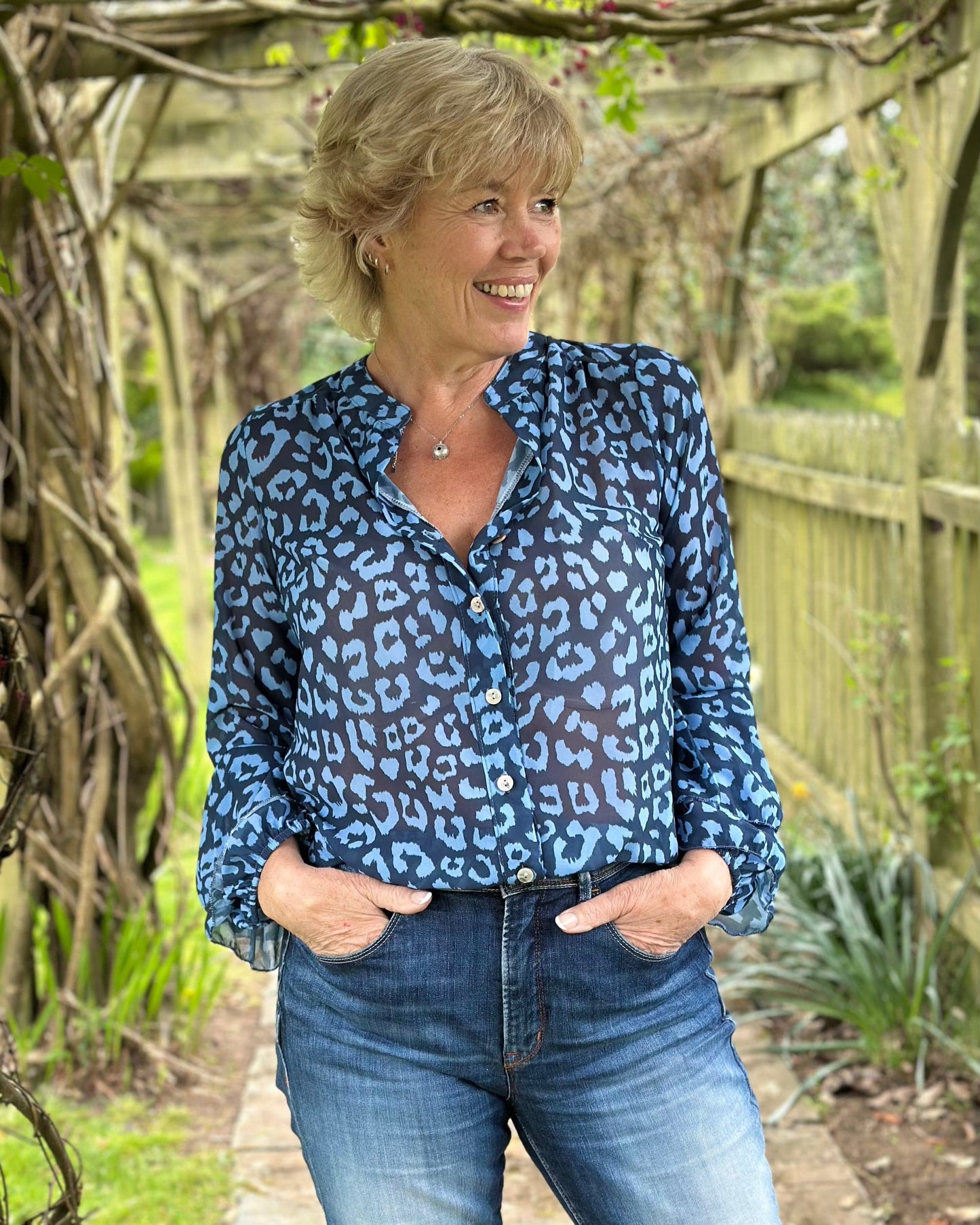 clothing Animal Print Spanish Sleeve Blouse - Navy