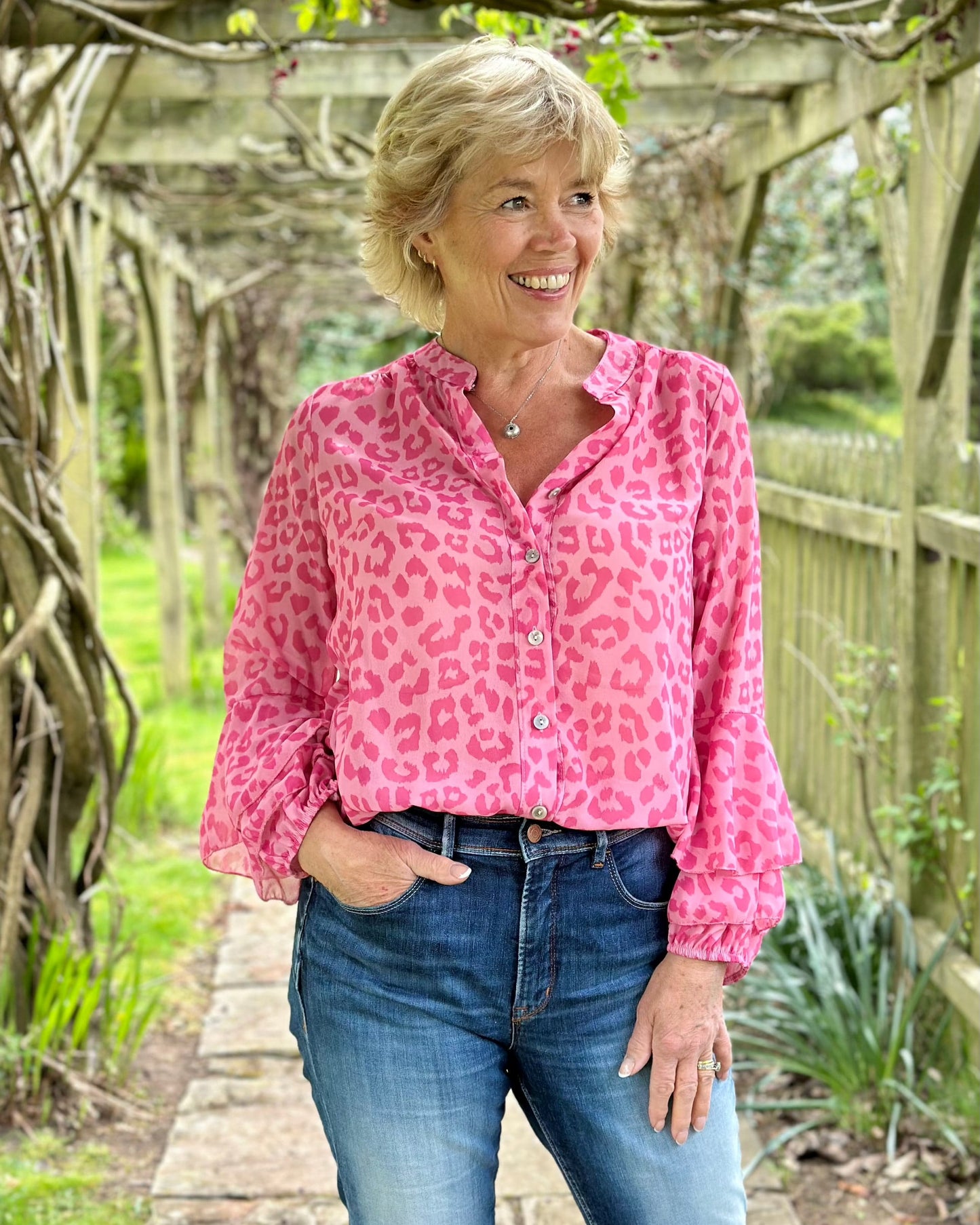 clothing Animal Print Spanish Sleeve Blouse - Pink