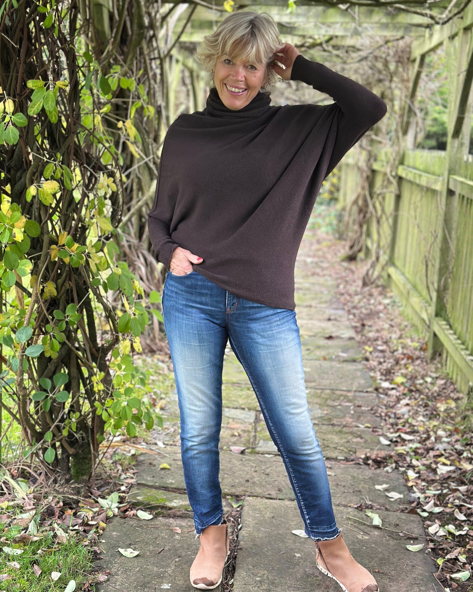 clothing Asymmetric Draped Roll Neck Jumper - Dark Chocolate