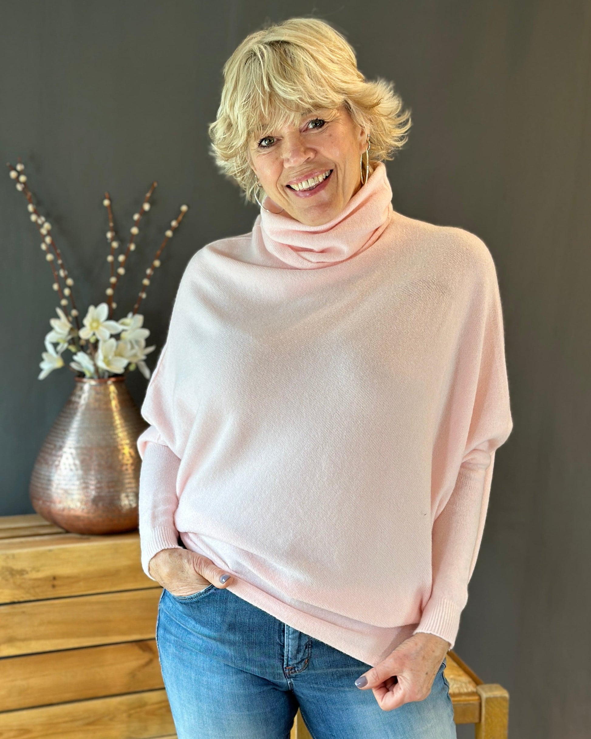 clothing Asymmetric Draped Roll Neck Jumper - Pale Pink