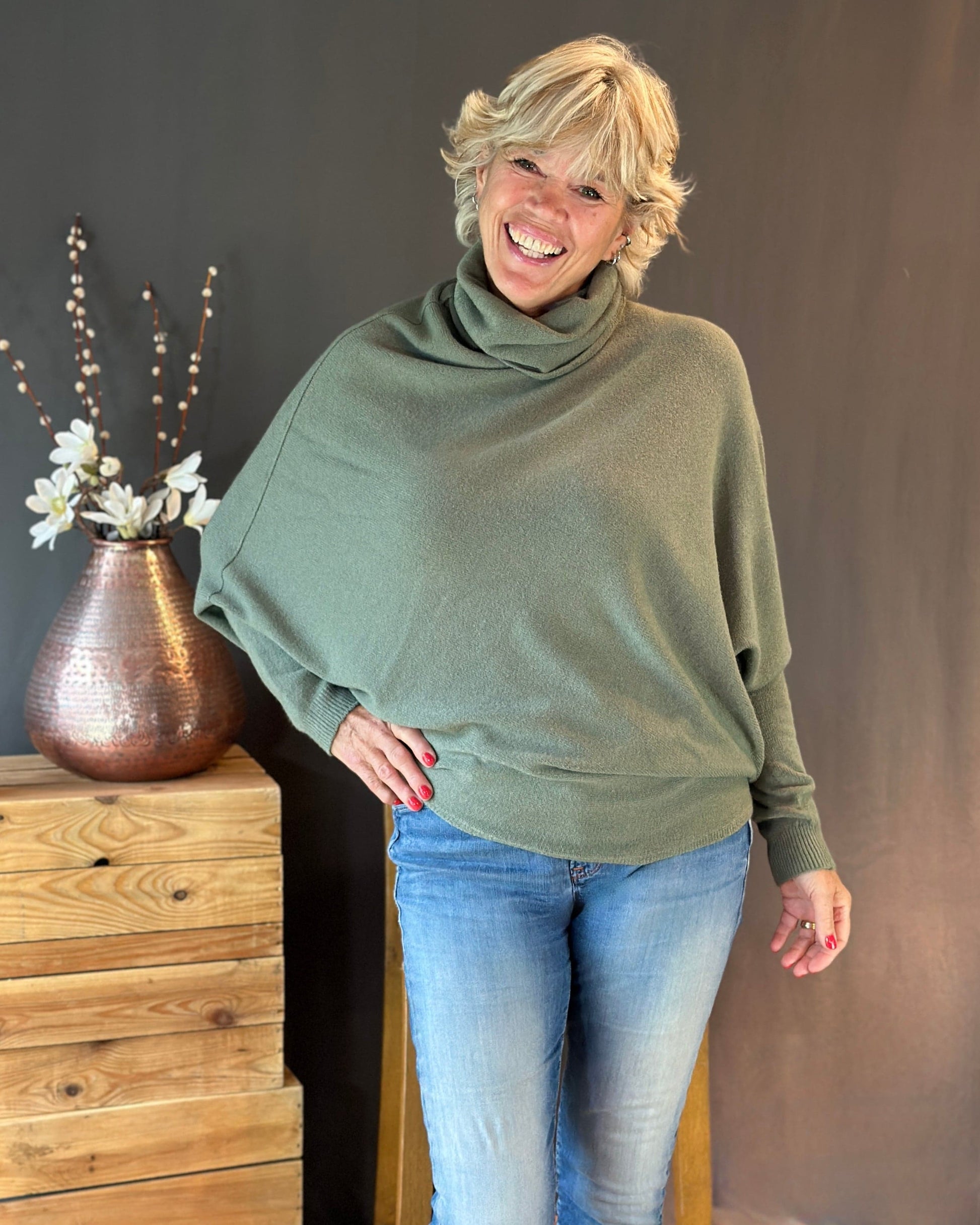 clothing Asymmetric Draped Roll Neck Jumper - Sage